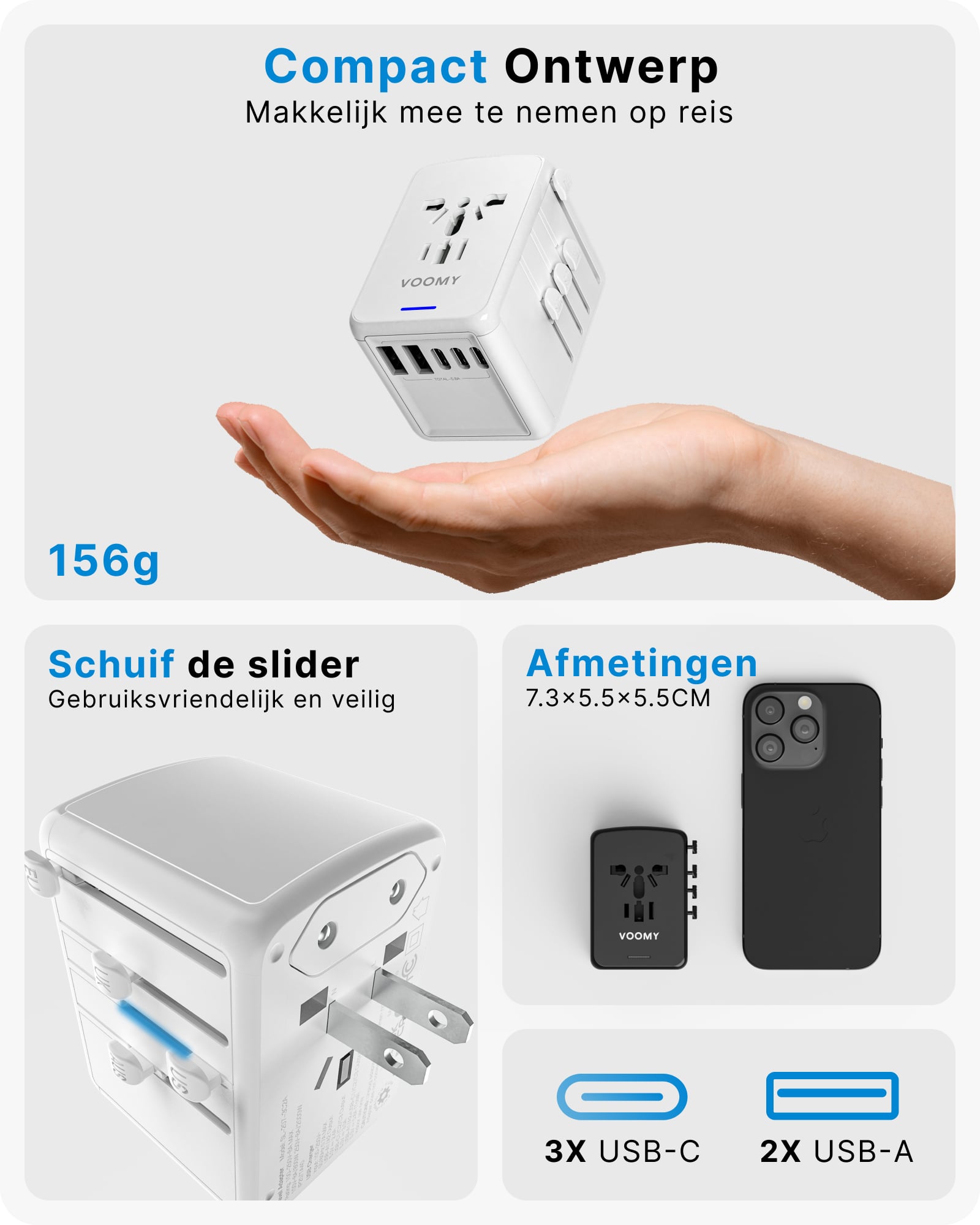 Voomy Travel Y29 - Reisstekker Wereld - 170+ Landen - 2 USB-A & 3 USB-C - Wereldstekker Universeel - Wit