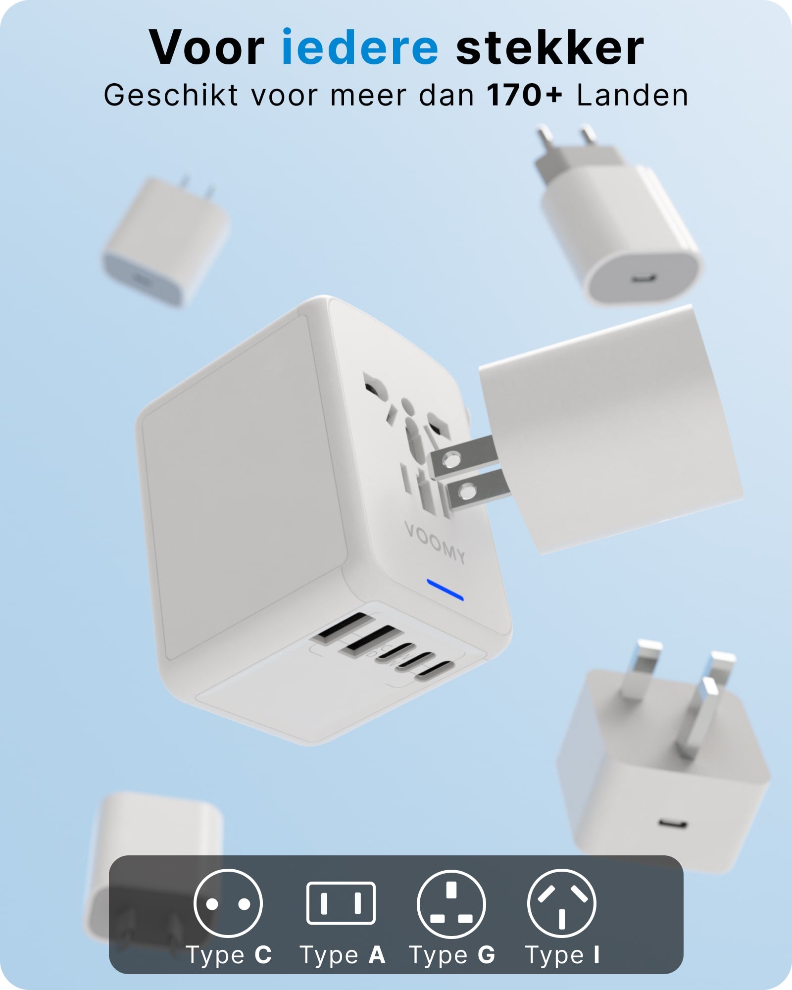 Voomy Travel Y29 - Reisstekker Wereld - 170+ Landen - 2 USB-A & 3 USB-C - Wereldstekker Universeel - Wit