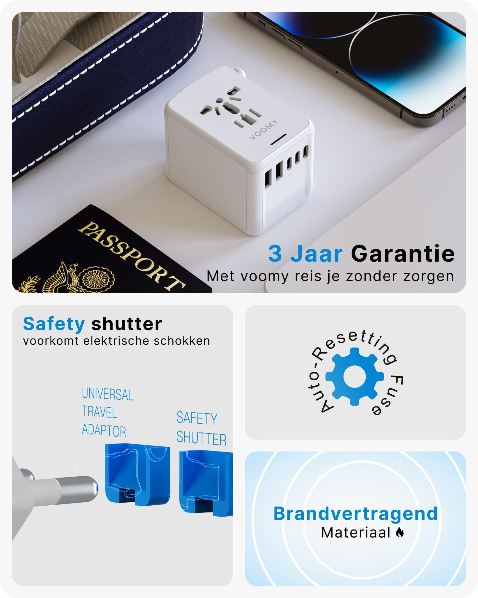 Voomy Travel Y29 - Reisstekker Wereld - 170+ Landen - 2 USB-A & 3 USB-C - Wereldstekker Universeel - Wit