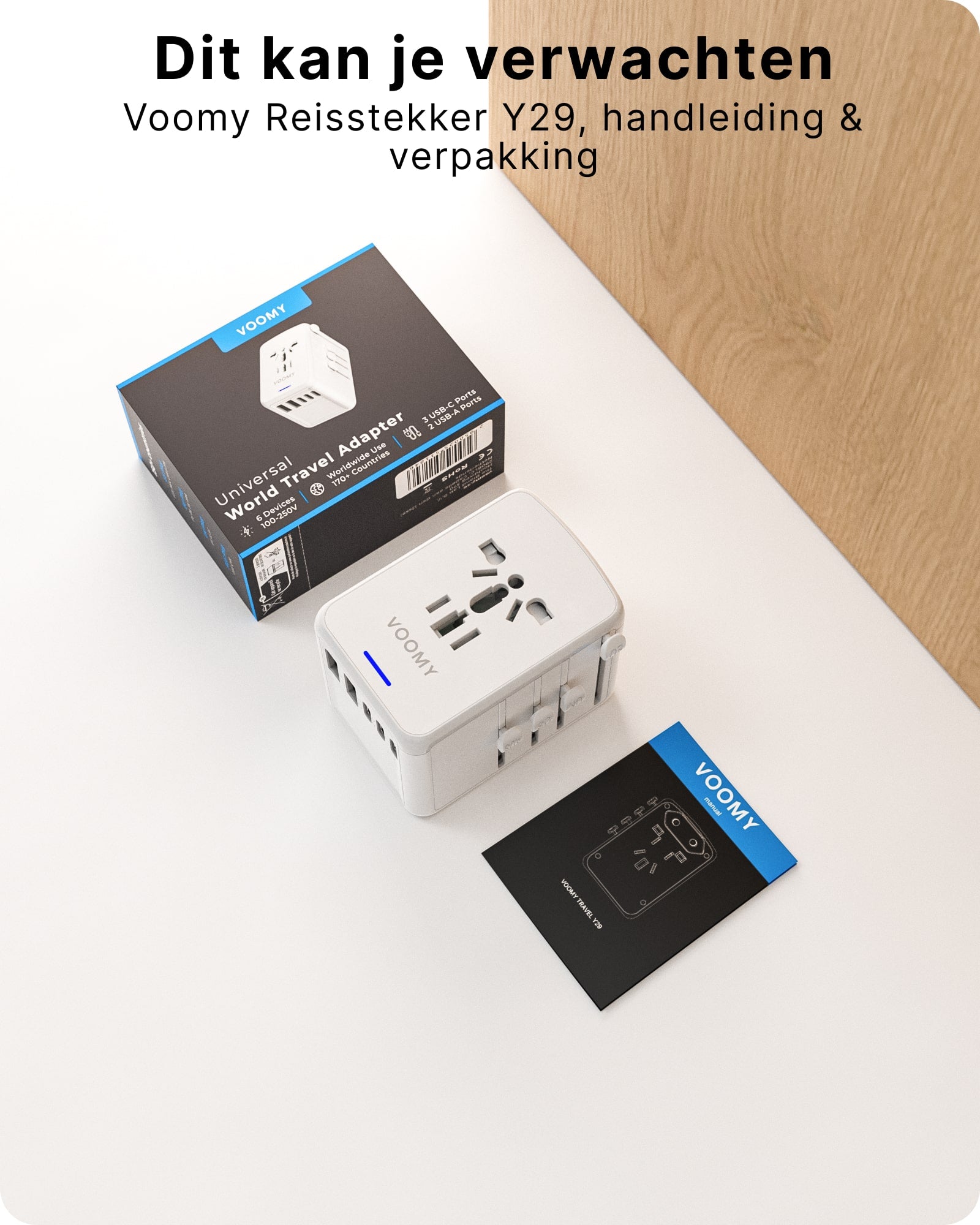 Voomy Travel Y29 - Reisstekker Wereld - 170+ Landen - 2 USB-A & 3 USB-C - Wereldstekker Universeel - Wit