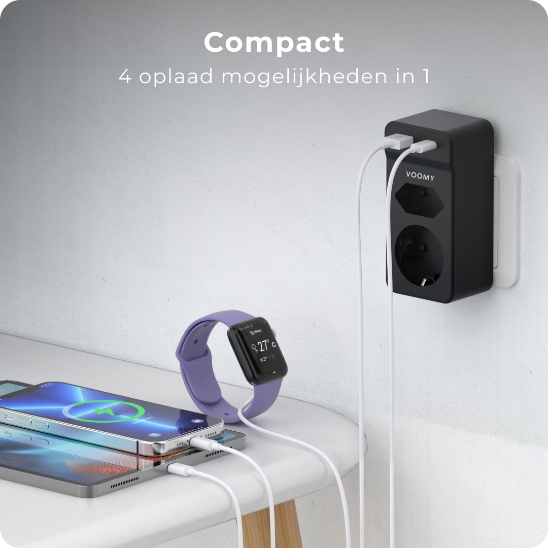 Voomy Split X2S - Verdeelstekker 1 USB-A 1 USB-C & 2 EU - Zwart