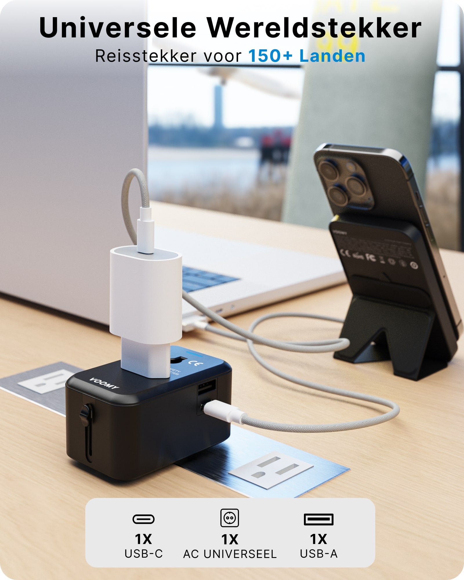 Voomy Travel Y10 - Reisstekker Wereld - 150+ Landen - 2 USB Poorten - Wereldstekker - Zwart