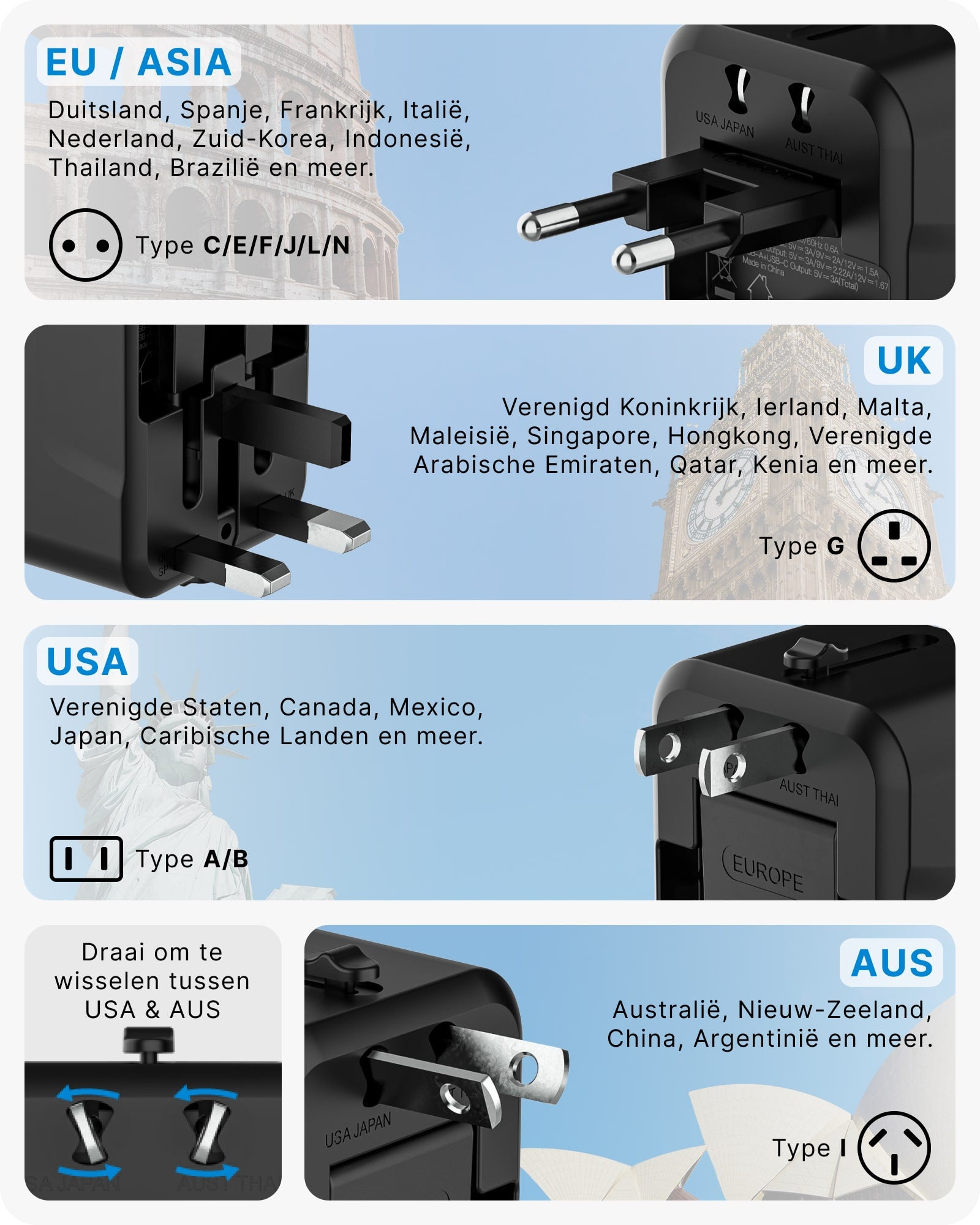 Voomy Travel Y10 - Reisstekker Wereld - 150+ Landen - 2 USB Poorten - Wereldstekker - Zwart