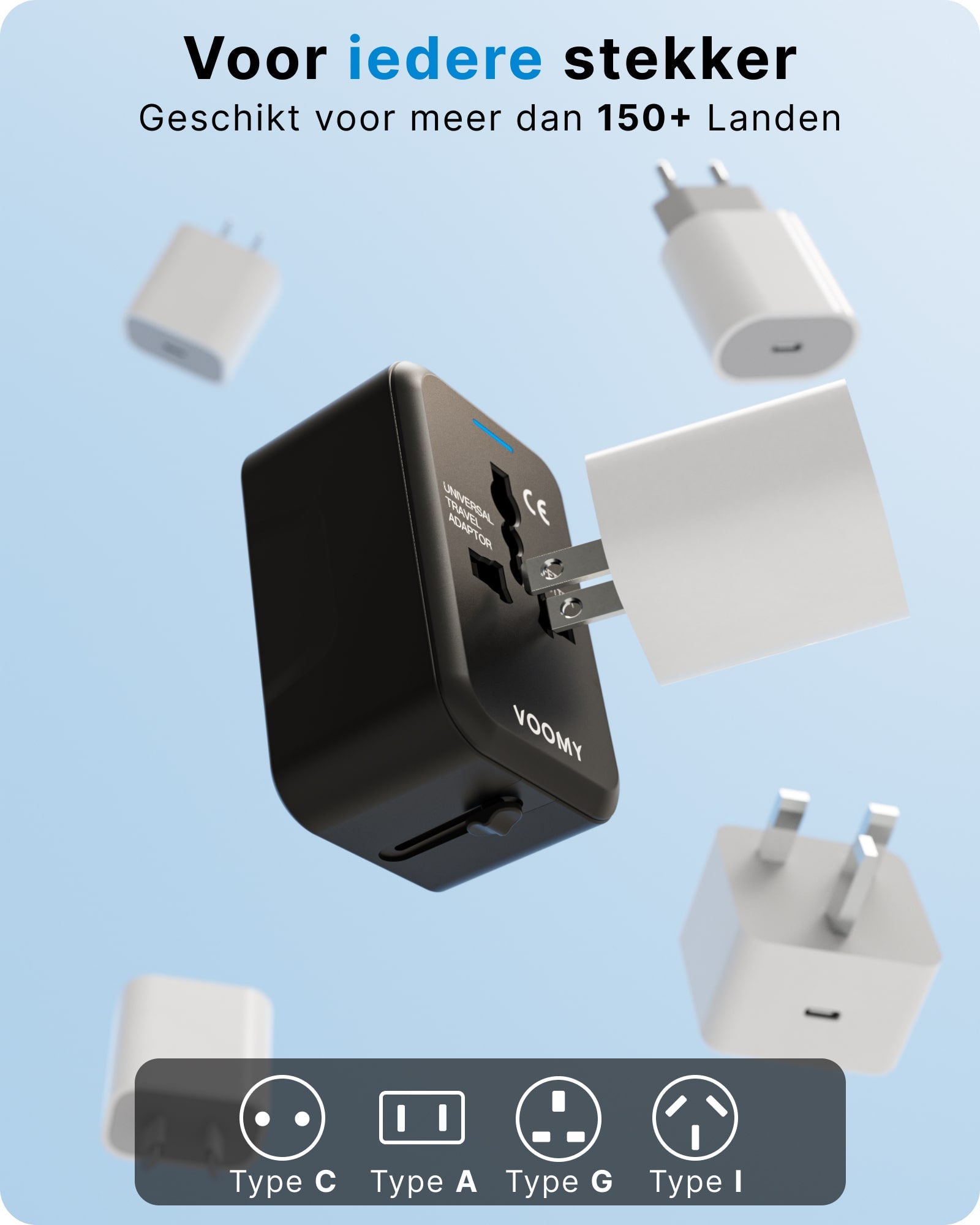 Voomy Travel Y10 - Reisstekker Wereld - 150+ Landen - 2 USB Poorten - Wereldstekker - Zwart
