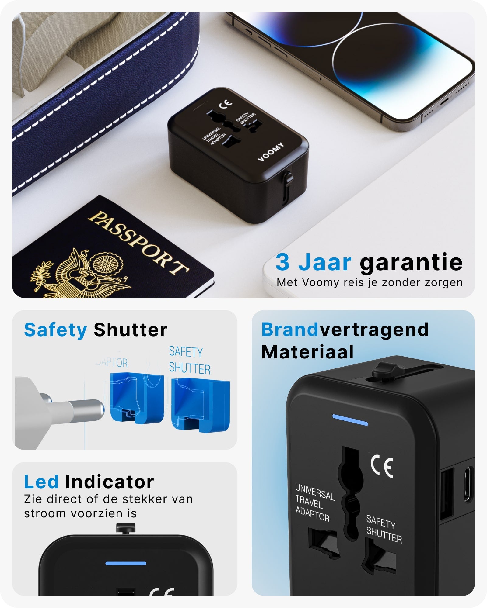 Voomy Travel Y10 - Reisstekker Wereld - 150+ Landen - 2 USB Poorten - Wereldstekker - Zwart