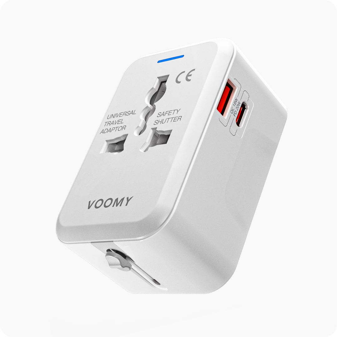 Voomy Travel Y11 - Reisstekker Wereld - 150+ Landen - 20W snellader - 1 USB-A 1 USB-C poort - Wereldstekker - Wit