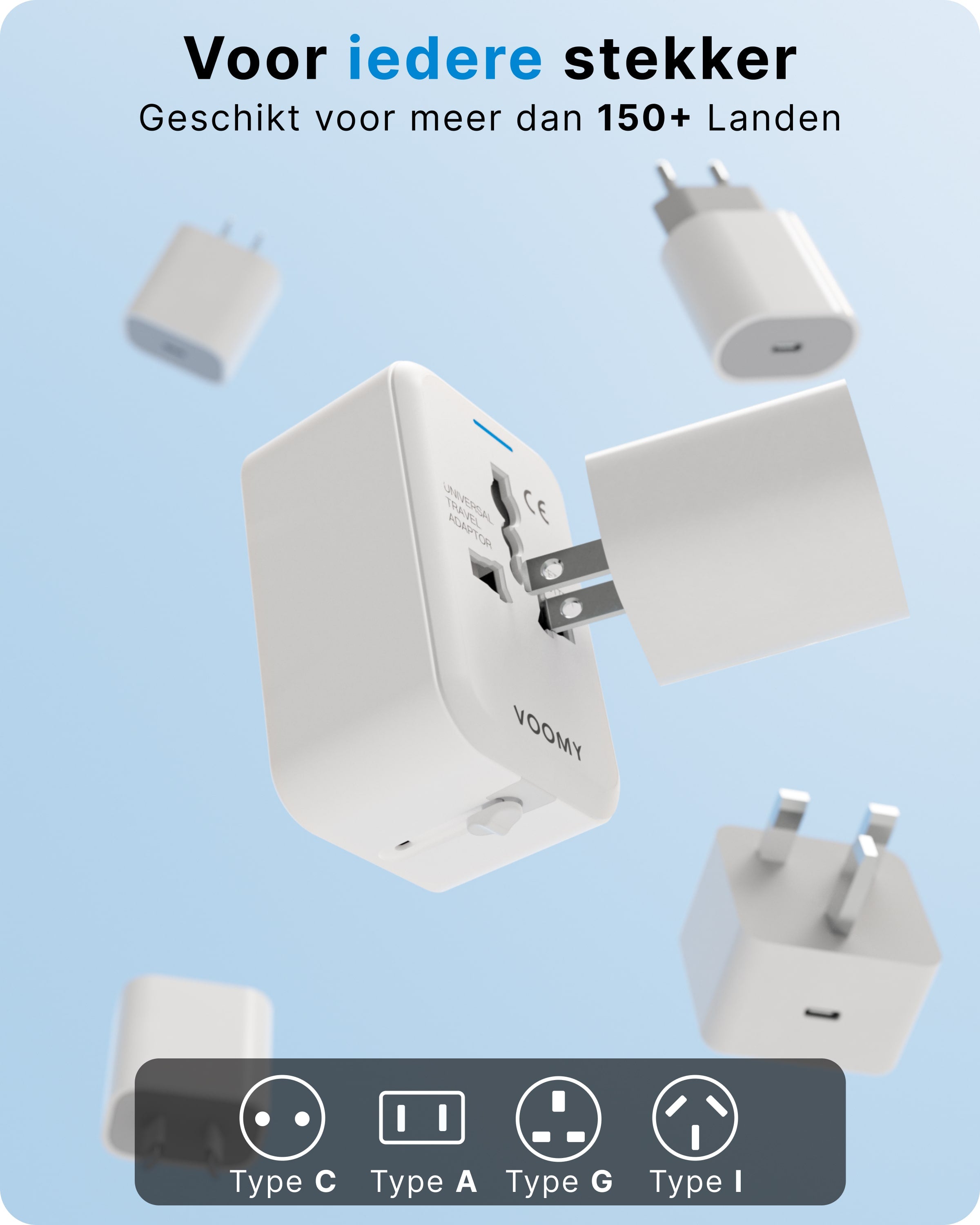 Voomy Travel Y11 - Reisstekker Wereld - 150+ Landen - 20W snellader - 1 USB-A 1 USB-C poort - Wereldstekker - Wit