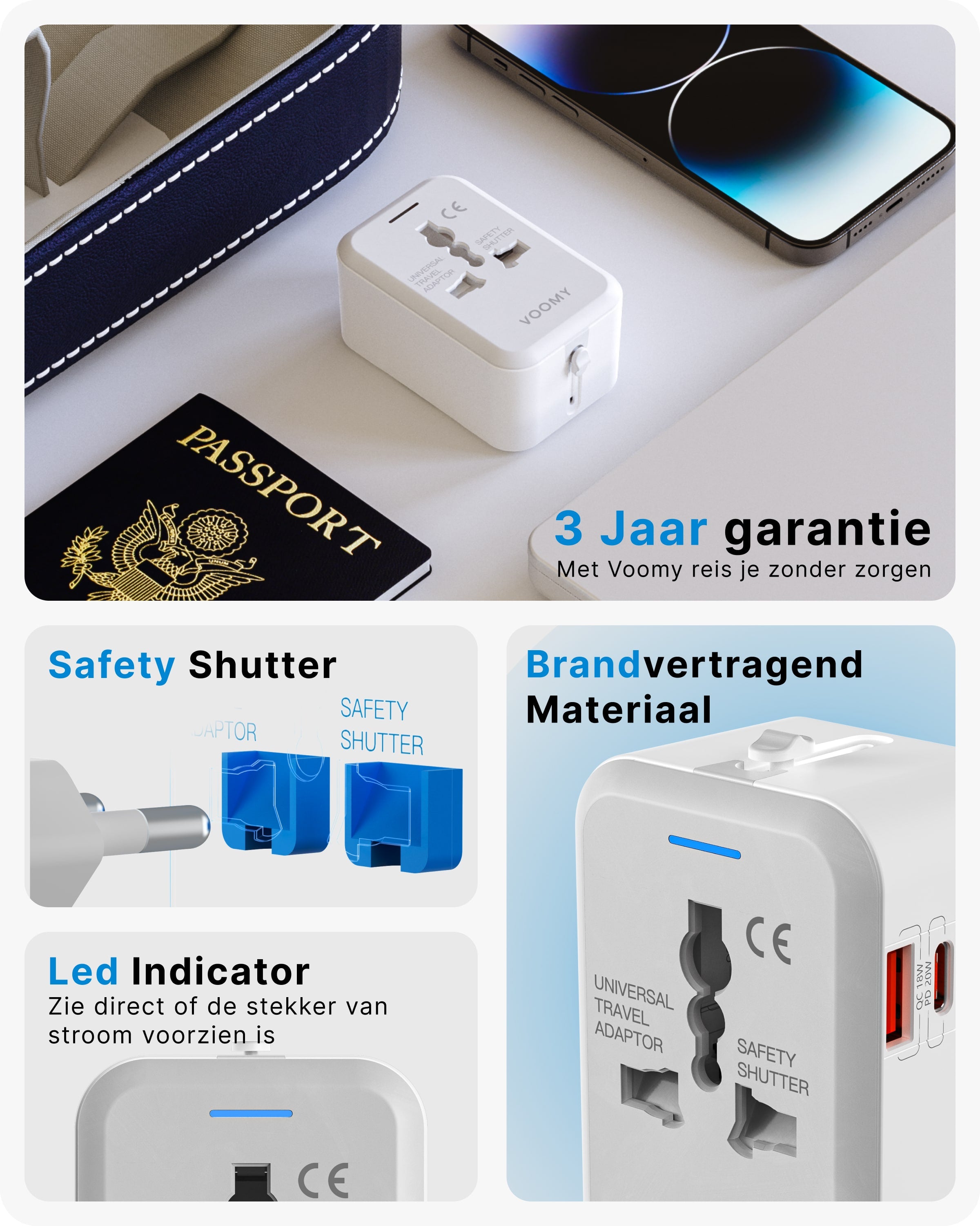 Voomy Travel Y11 - Reisstekker Wereld - 150+ Landen - 20W snellader - 1 USB-A 1 USB-C poort - Wereldstekker - Wit