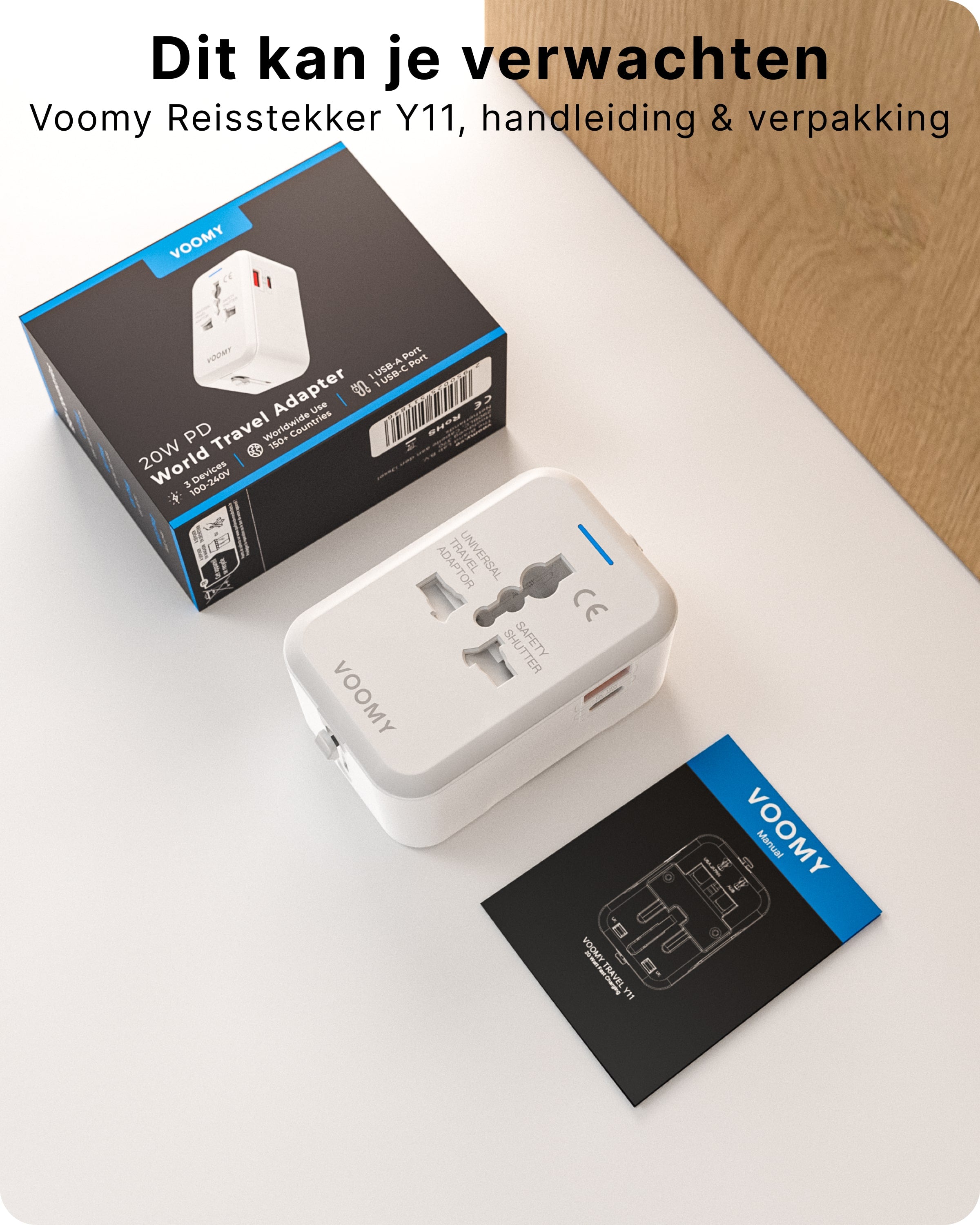 Voomy Travel Y11 - Reisstekker Wereld - 150+ Landen - 20W snellader - 1 USB-A 1 USB-C poort - Wereldstekker - Wit