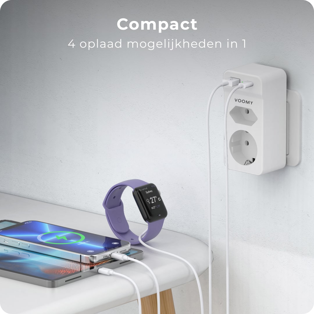 Voomy Split X2S - Verdeelstekker 1 USB-A 1 USB-C & 2 EU - Wit