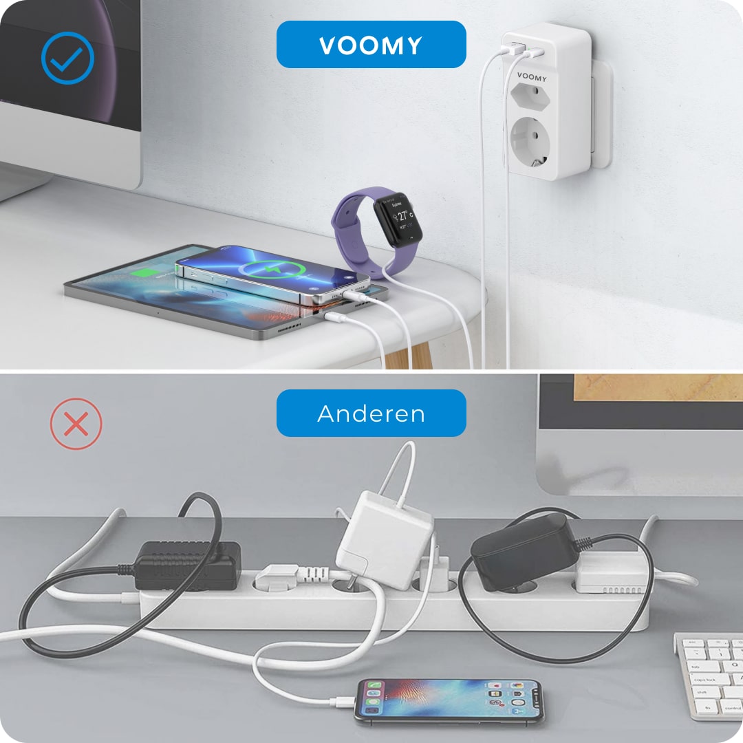 Voomy Split X2S - Verdeelstekker 1 USB-A 1 USB-C & 2 EU - Wit