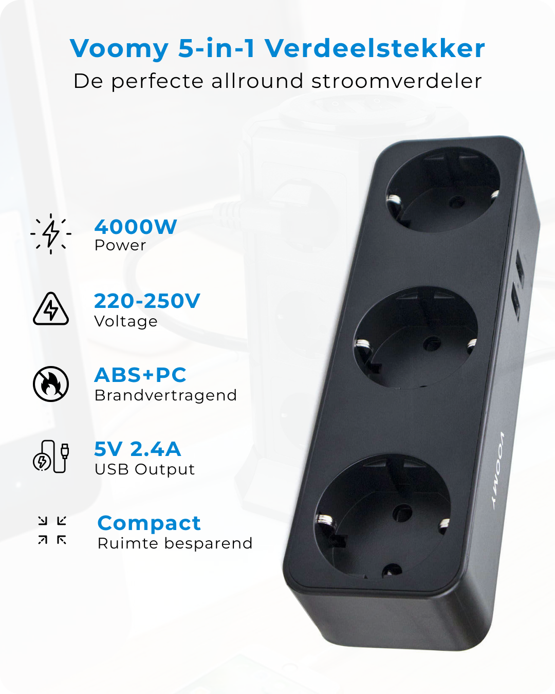 Voomy Split X3 - Verdeelstekker 2 USB-A & 3 EU - Zwart