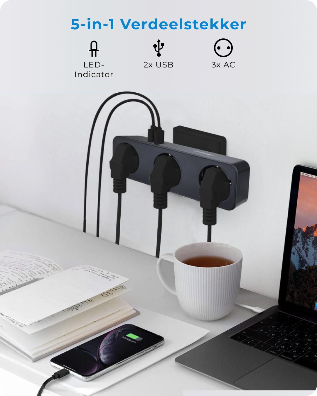 Voomy Split X3 - Verdeelstekker 2 USB-A & 3 EU - Zwart
