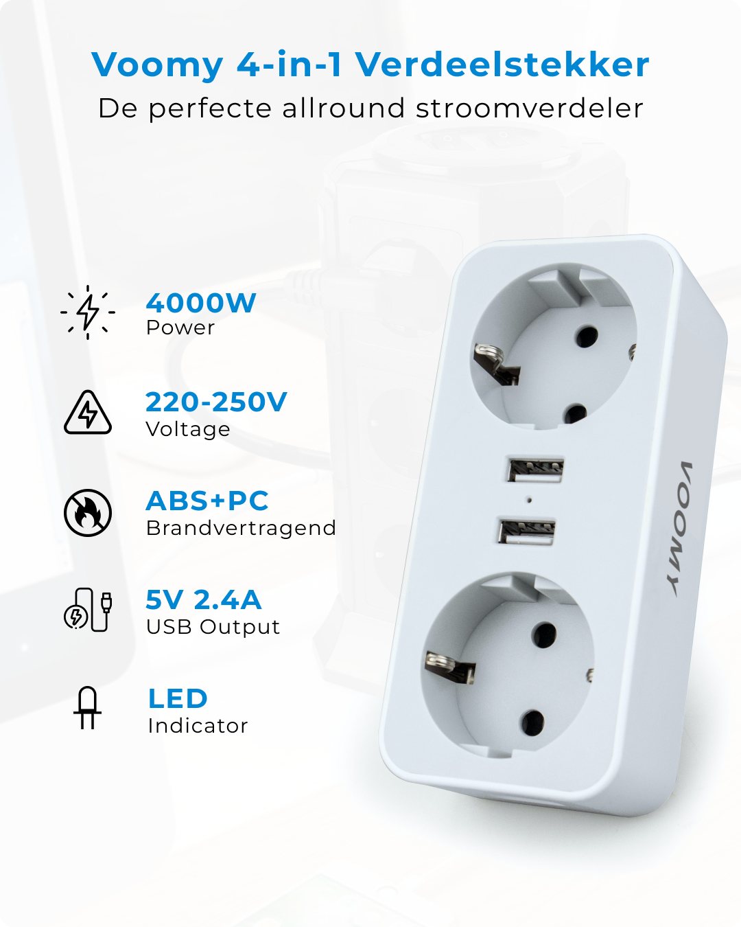 Voomy Split X2 - Verdeelstekker - 2 USB-A & 2 EU - Wit
