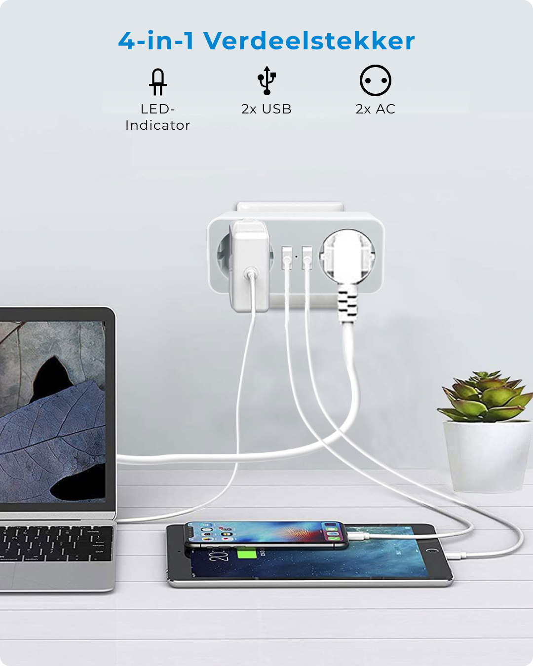 Voomy Split X2 - Verdeelstekker - 2 USB-A & 2 EU - Wit