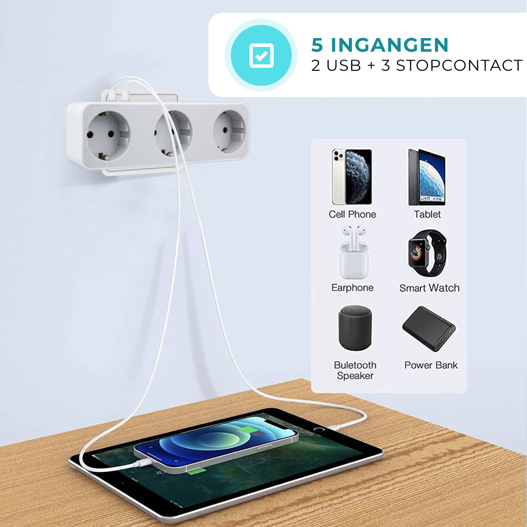Voomy Split X3 - Verdeelstekker USB Wit - 2 USB-A & 3 EU