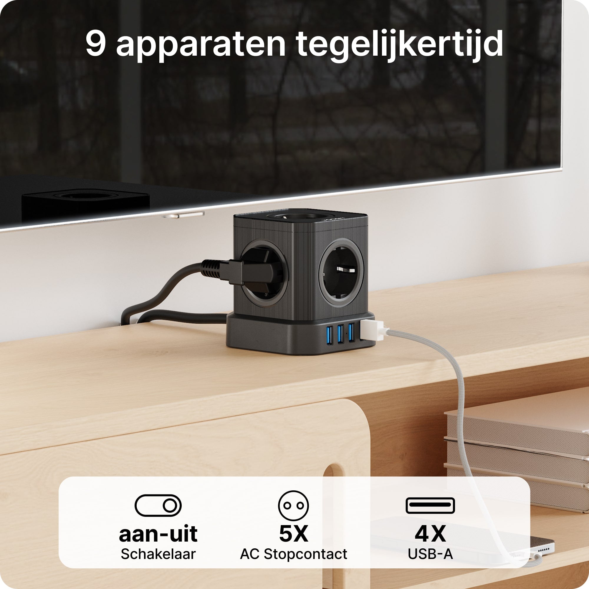 Voomy Power Cube S5 - Stekkerdoos 4 USB-A & 5 EU - Zwart