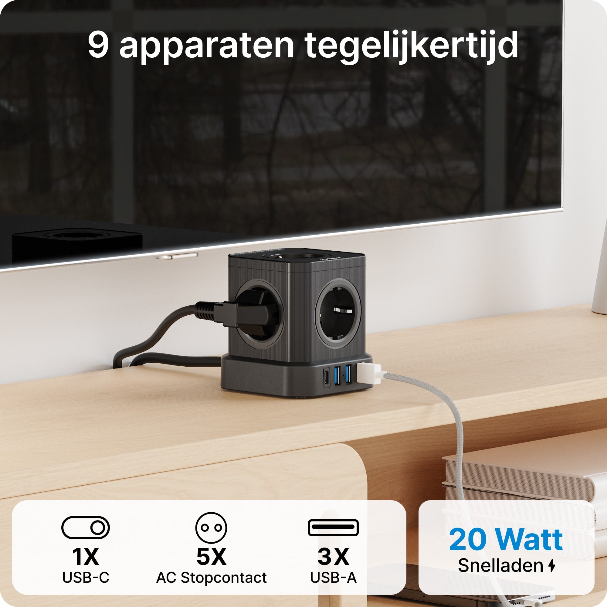 Voomy Power Cube S6 - Stekkerdoos 1 USB-C & 3 USB-A 4000W Zwart