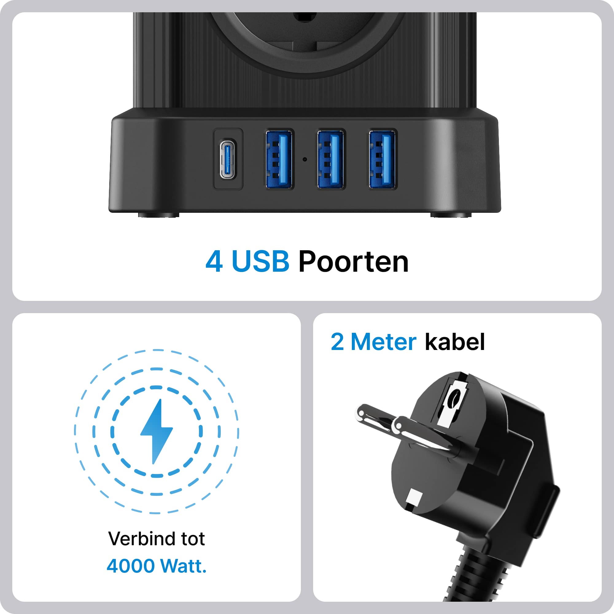 Voomy Power Cube S6 - Stekkerdoos 1 USB-C & 3 USB-A 4000W Zwart