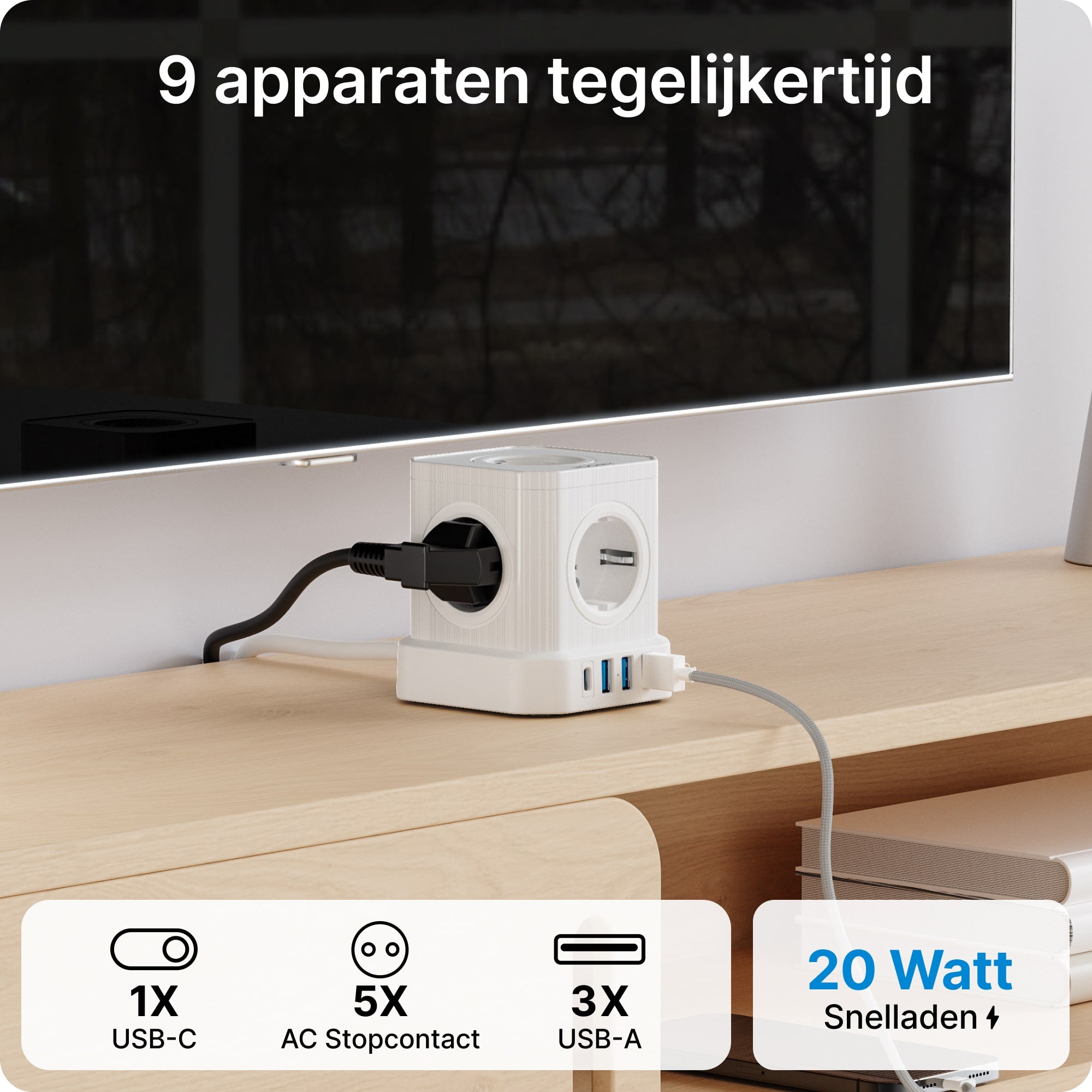 Voomy Power Cube S6 - Stekkerdoos 1 USB-C & 3 USB-A 4000W Wit