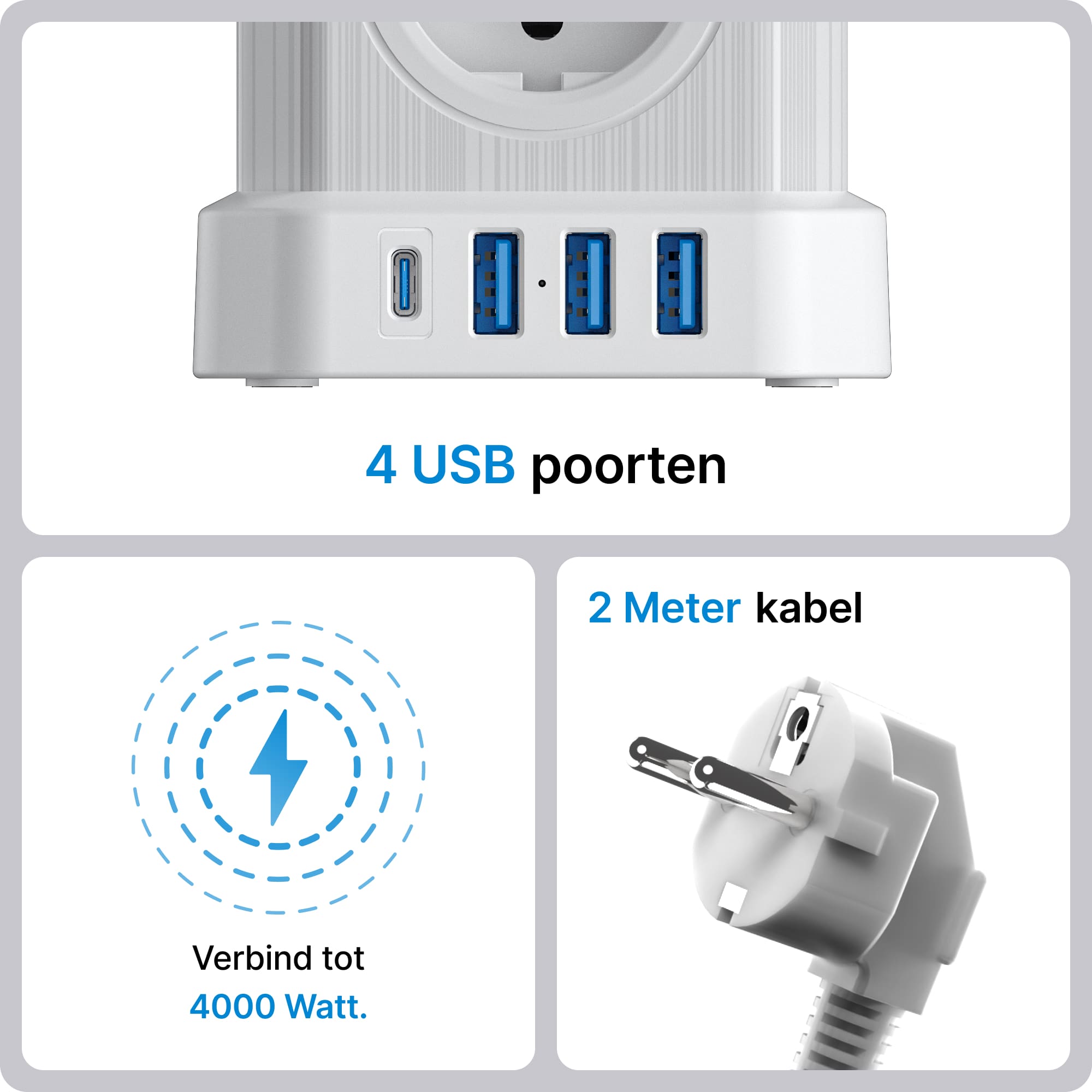 Voomy Power Cube S6 - Stekkerdoos 1 USB-C & 3 USB-A 4000W Wit