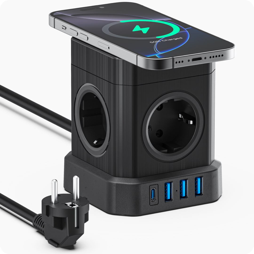 Voomy Power Cube S6-W - Stekkerdoos met draadloos opladen 1 USB-C & 3 USB-A 4000W Zwart