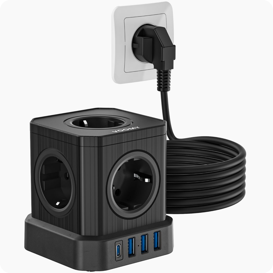 Voomy Power Cube S6 - Stekkerdoos - 3 Meter - 1 USB-C & 3 USB-A 4000W Zwart