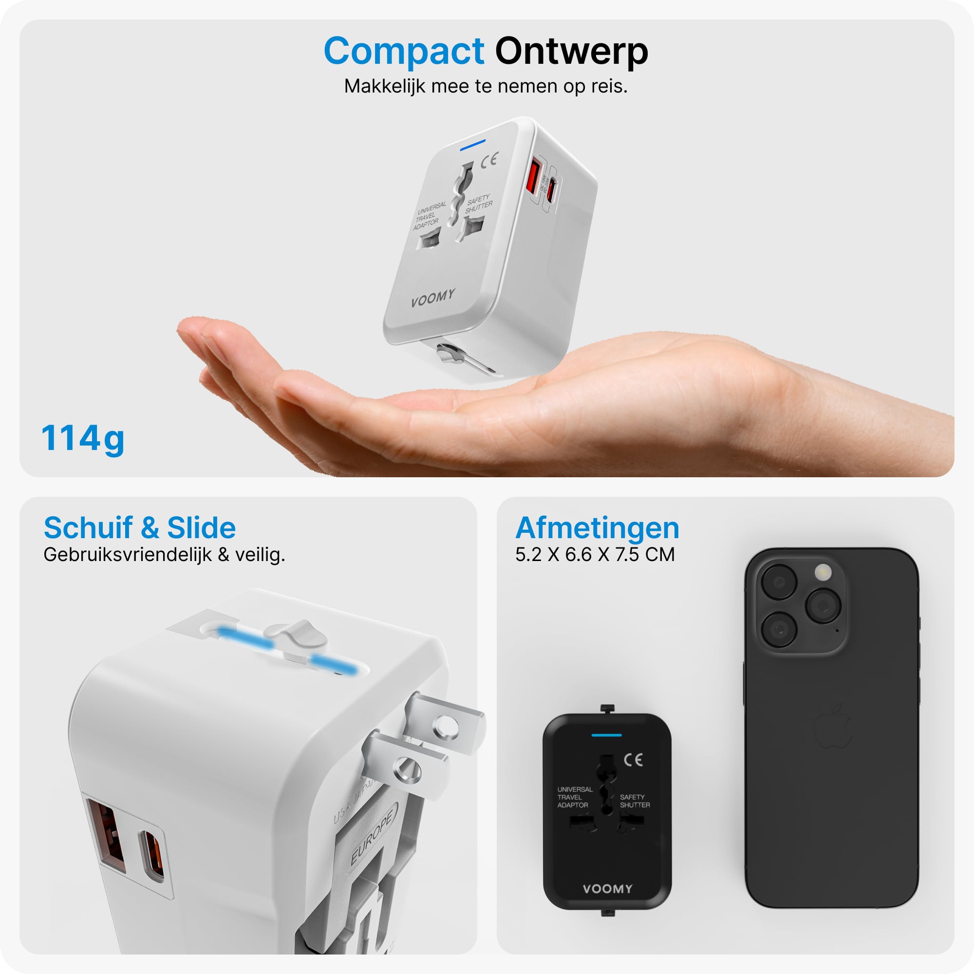 Voomy Travel Y11 - Reisstekker Wereld - 150+ Landen - 20W snellader - 1 USB-A 1 USB-C poort - Wereldstekker - Wit
