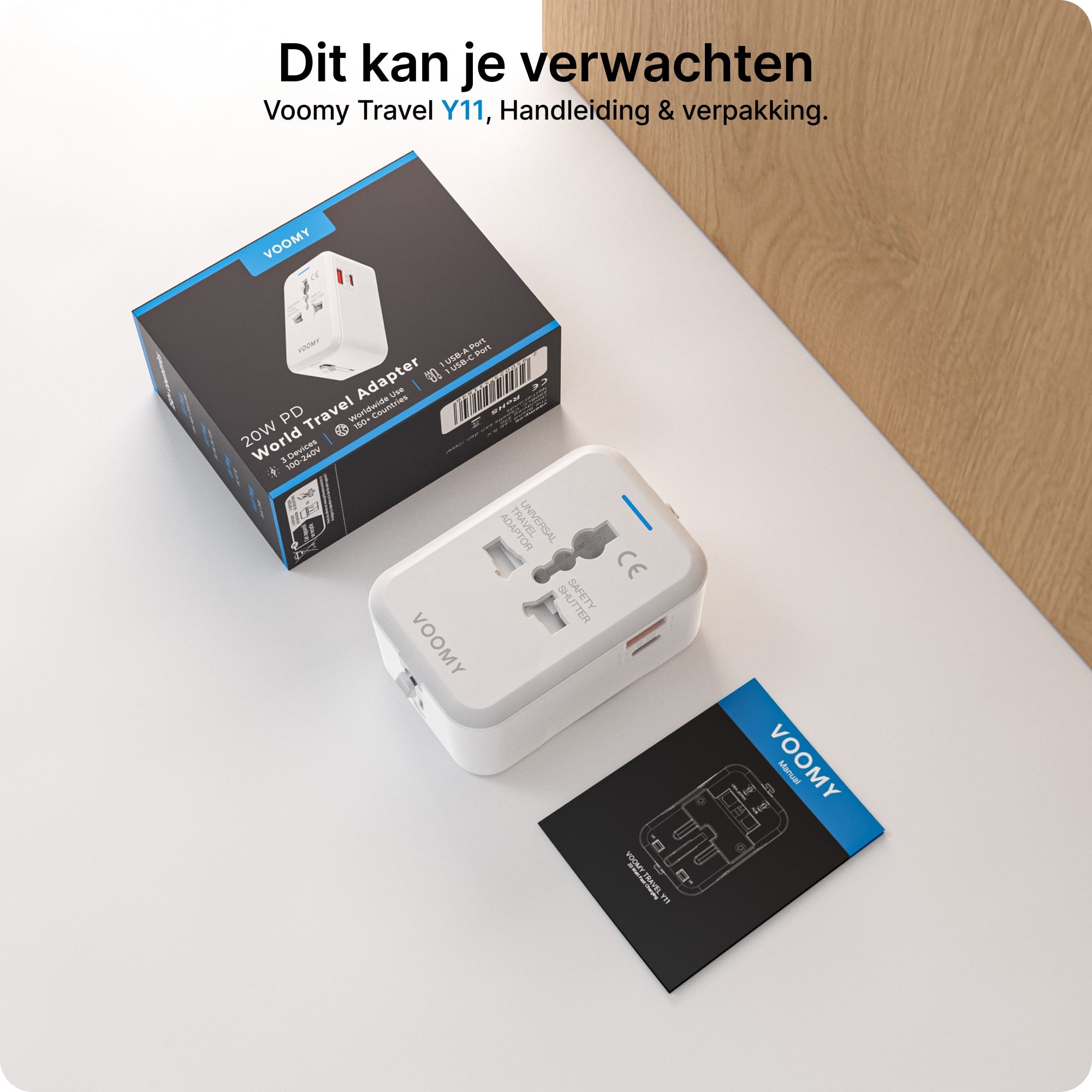 Voomy Travel Y11 - Reisstekker Wereld - 150+ Landen - 20W snellader - 1 USB-A 1 USB-C poort - Wereldstekker - Wit