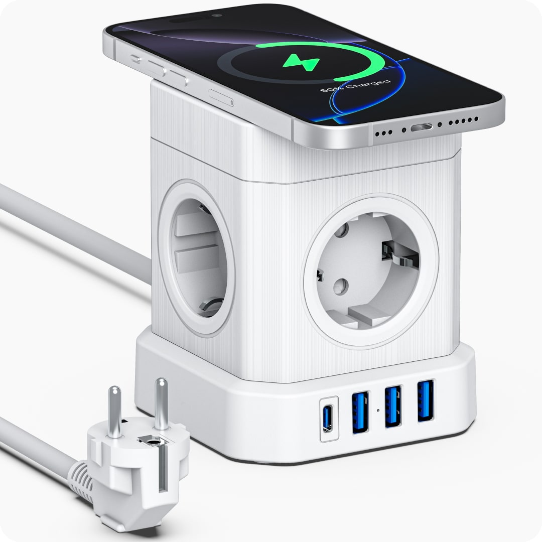 Voomy Power Cube S6-W - Stekkerdoos met draadloos opladen 1 USB-C & 3 USB-A 4000W Wit