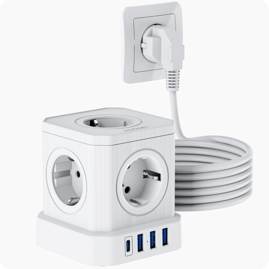 Voomy Power Cube S6 - Stekkerdoos - 5 Meter - 1 USB-C & 3 USB-A 4000W Wit