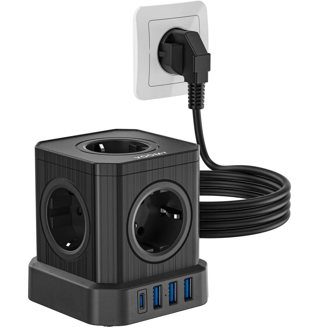 Voomy Power Cube S6 - Stekkerdoos - 3 Meter - 1 USB-C & 3 USB-A 4000W Zwart