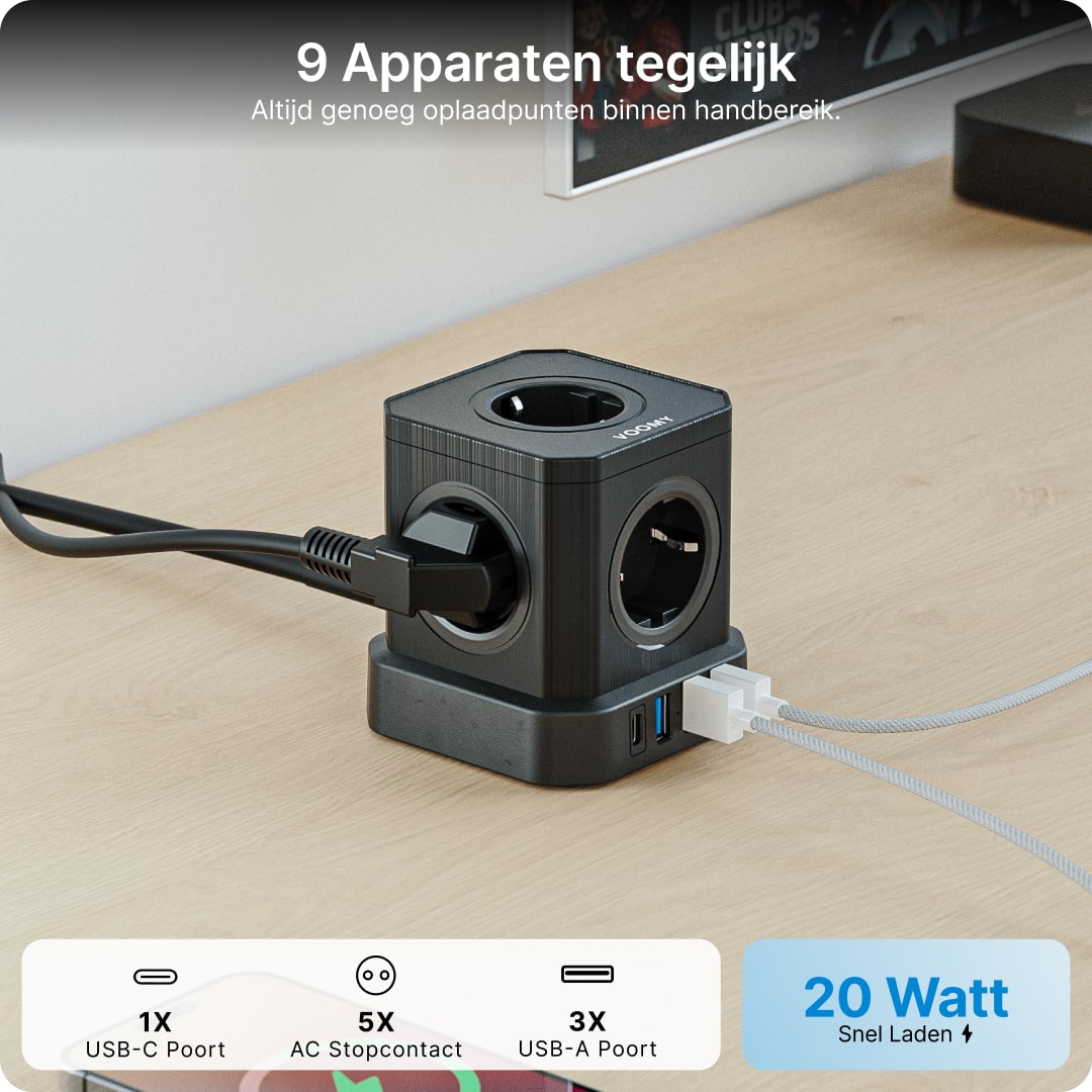 Voomy Power Cube S6 - Stekkerdoos - 3 Meter - 1 USB-C & 3 USB-A 4000W Zwart