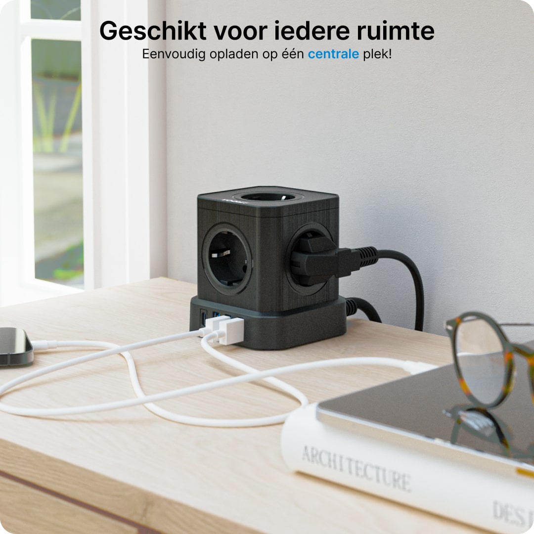 Voomy Power Cube S6 - Stekkerdoos - 3 Meter - 1 USB-C & 3 USB-A 4000W Zwart