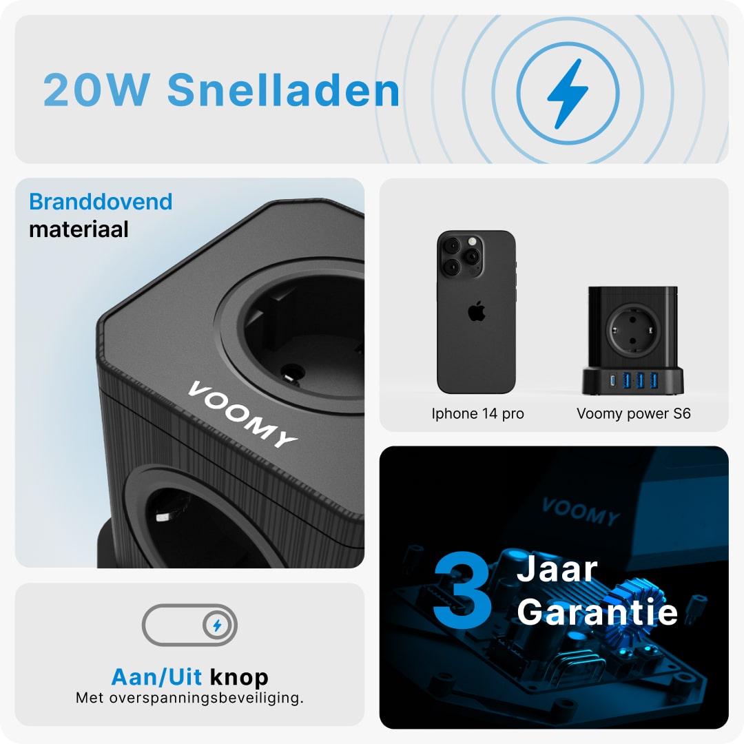 Voomy Power Cube S6 - Stekkerdoos - 3 Meter - 1 USB-C & 3 USB-A 4000W Zwart