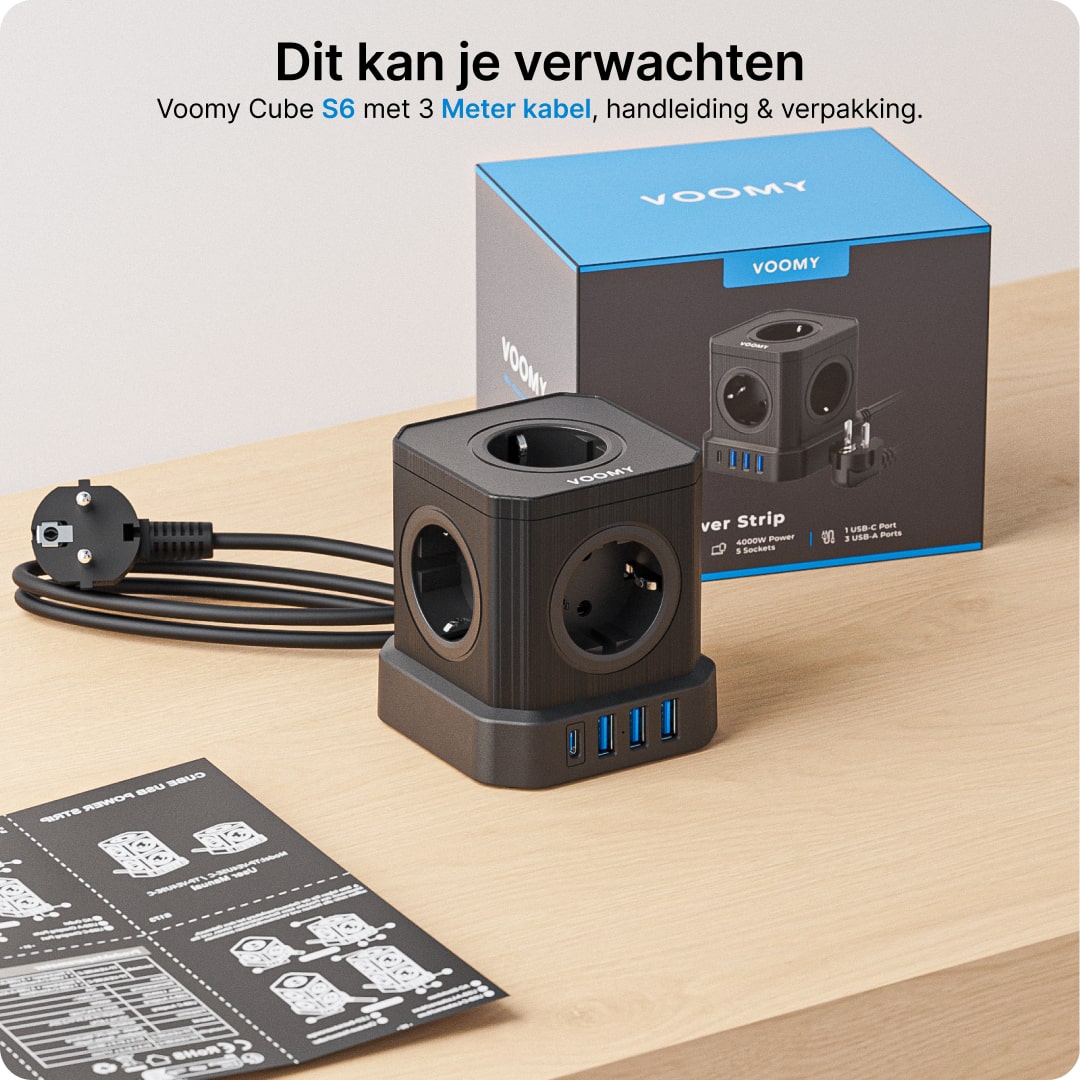 Voomy Power Cube S6 - Stekkerdoos - 3 Meter - 1 USB-C & 3 USB-A 4000W Zwart