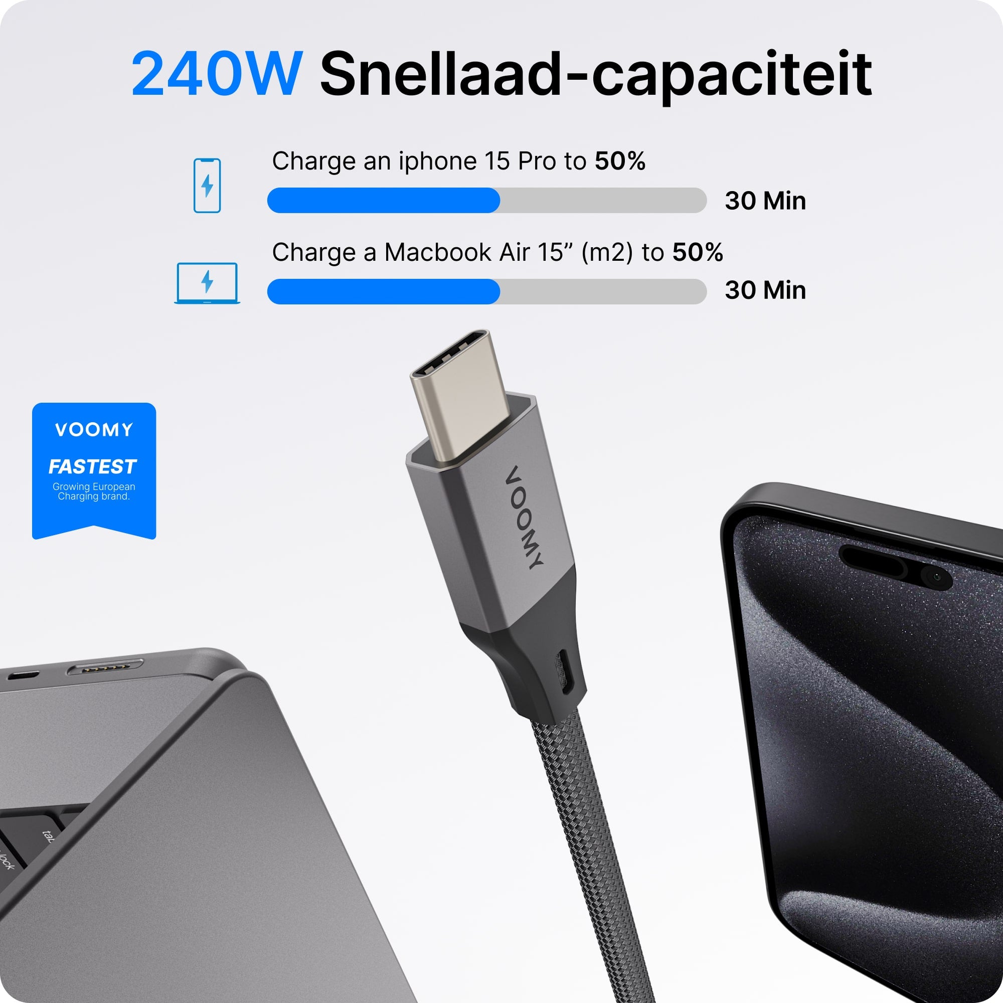 Voomy Connect C40 - 240W USB C kabel - 20 Gbps - 8K Ultra HD - 1.8 Meter