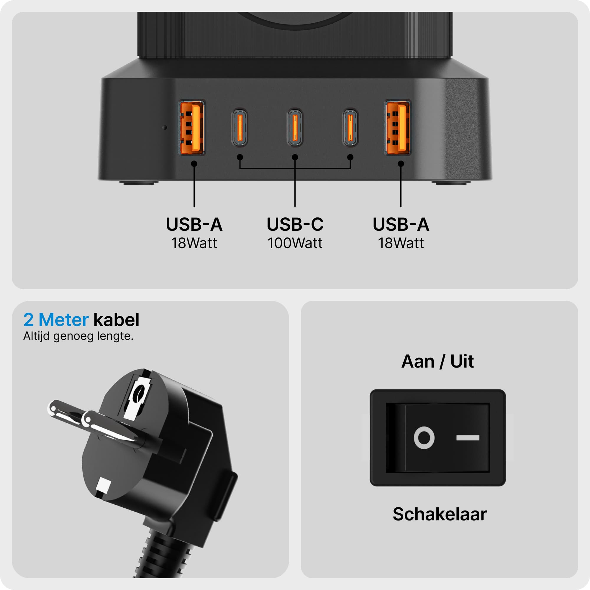 Voomy Power S100 - 100W Stekkerdoos 3 USB-C & 2 USB-A 4000W Wit