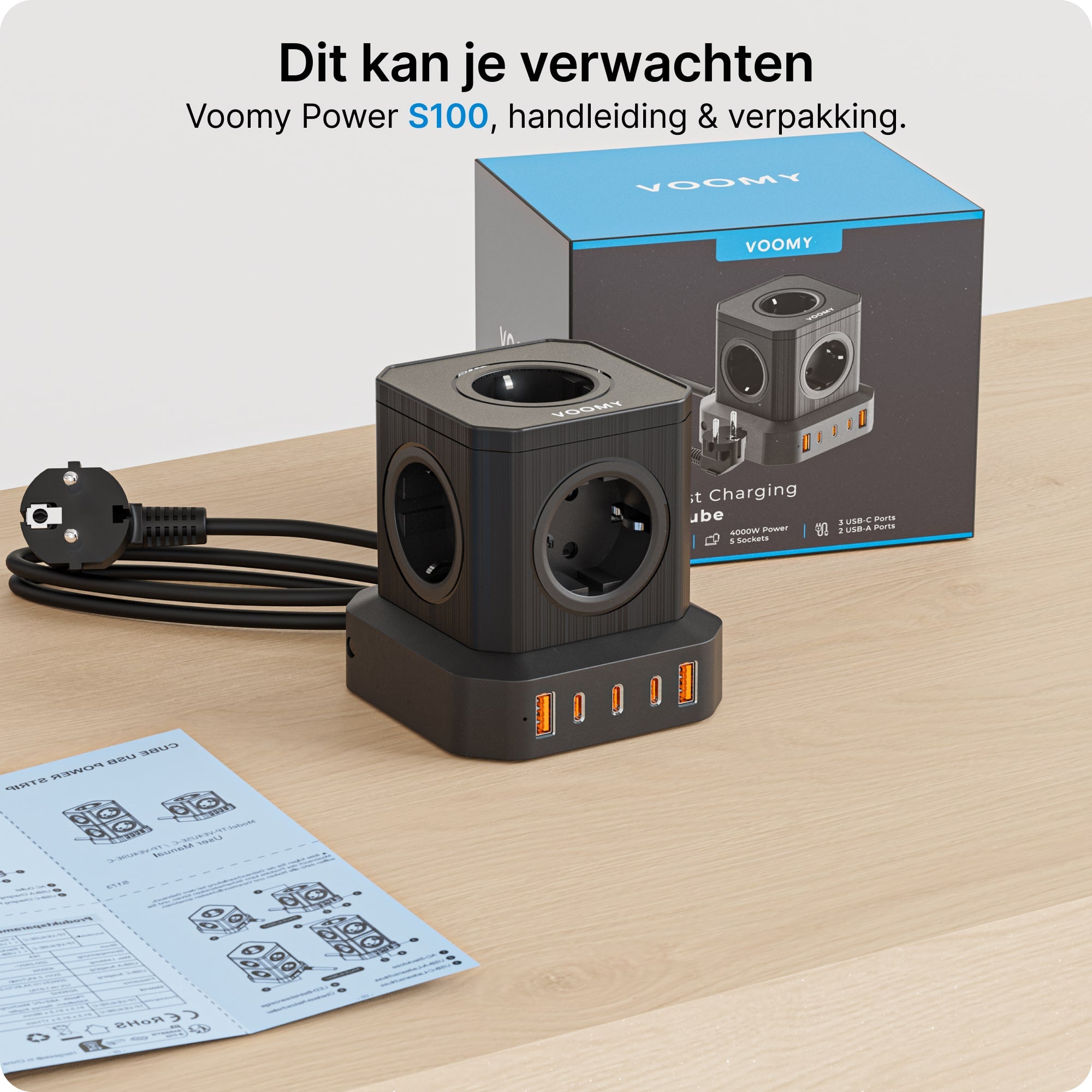 Voomy Power S100 - 100W Stekkerdoos 3 USB-C & 2 USB-A 4000W Wit