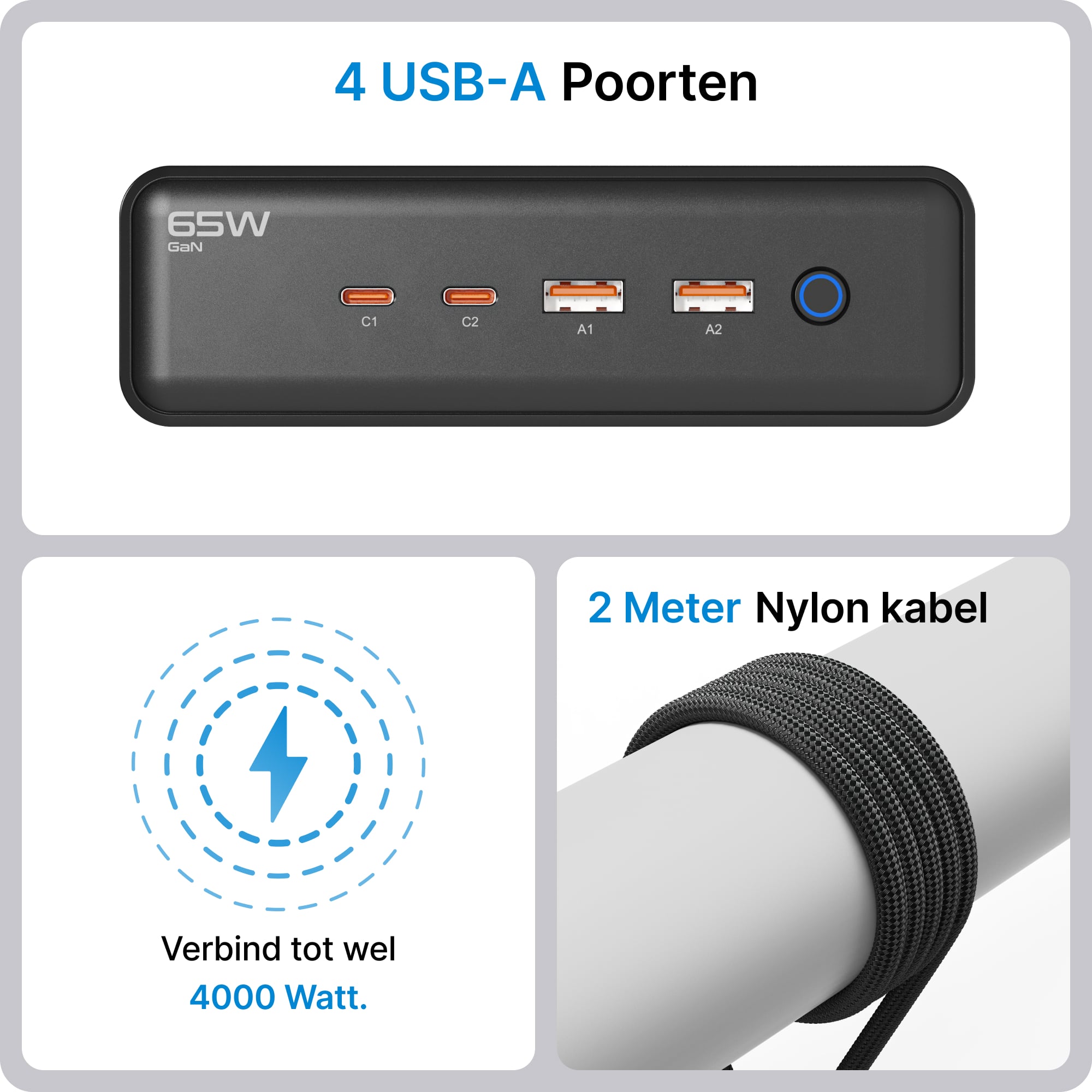 Voomy Power S20 - 65W Stekkerdoos 2 USB-C, 2 USB-A & 2 EU 4000W