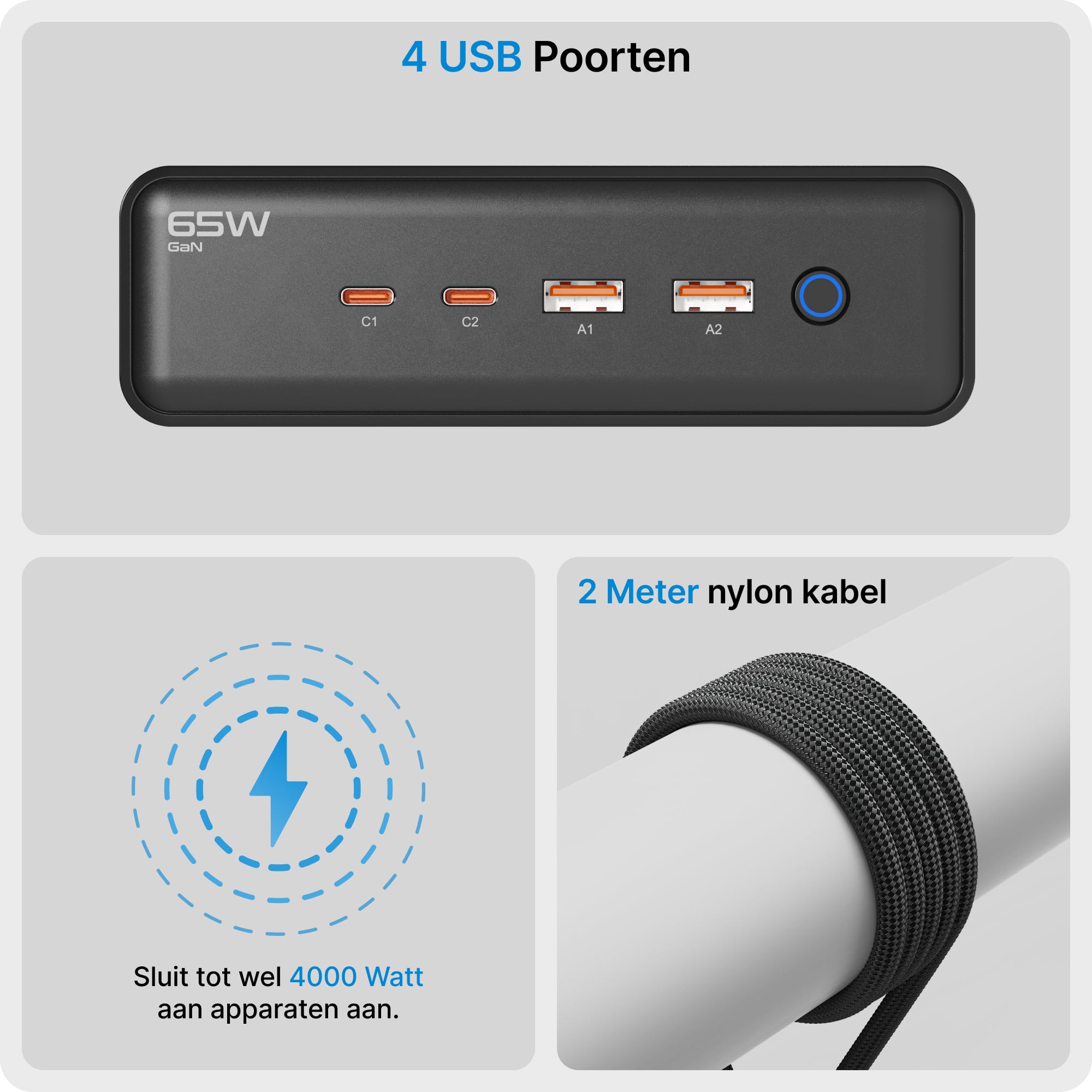 Voomy Power S20 - 65W Stekkerdoos 2 USB-C, 2 USB-A & 2 EU 4000W