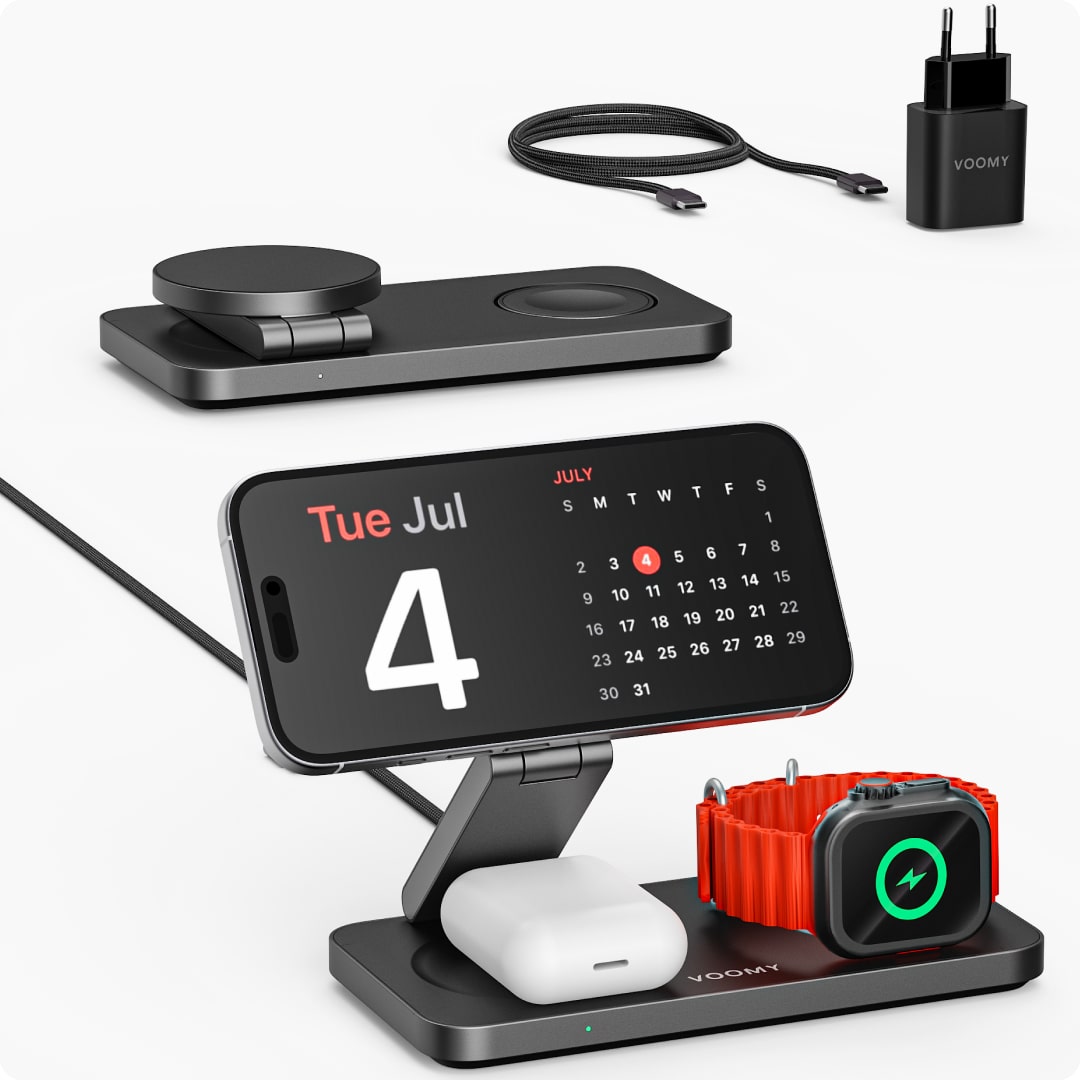 Voomy Wireless W3 – 3-in-1 Draadloze Oplader met 15W Snelladen - Premium Aluminium Design - Zwart