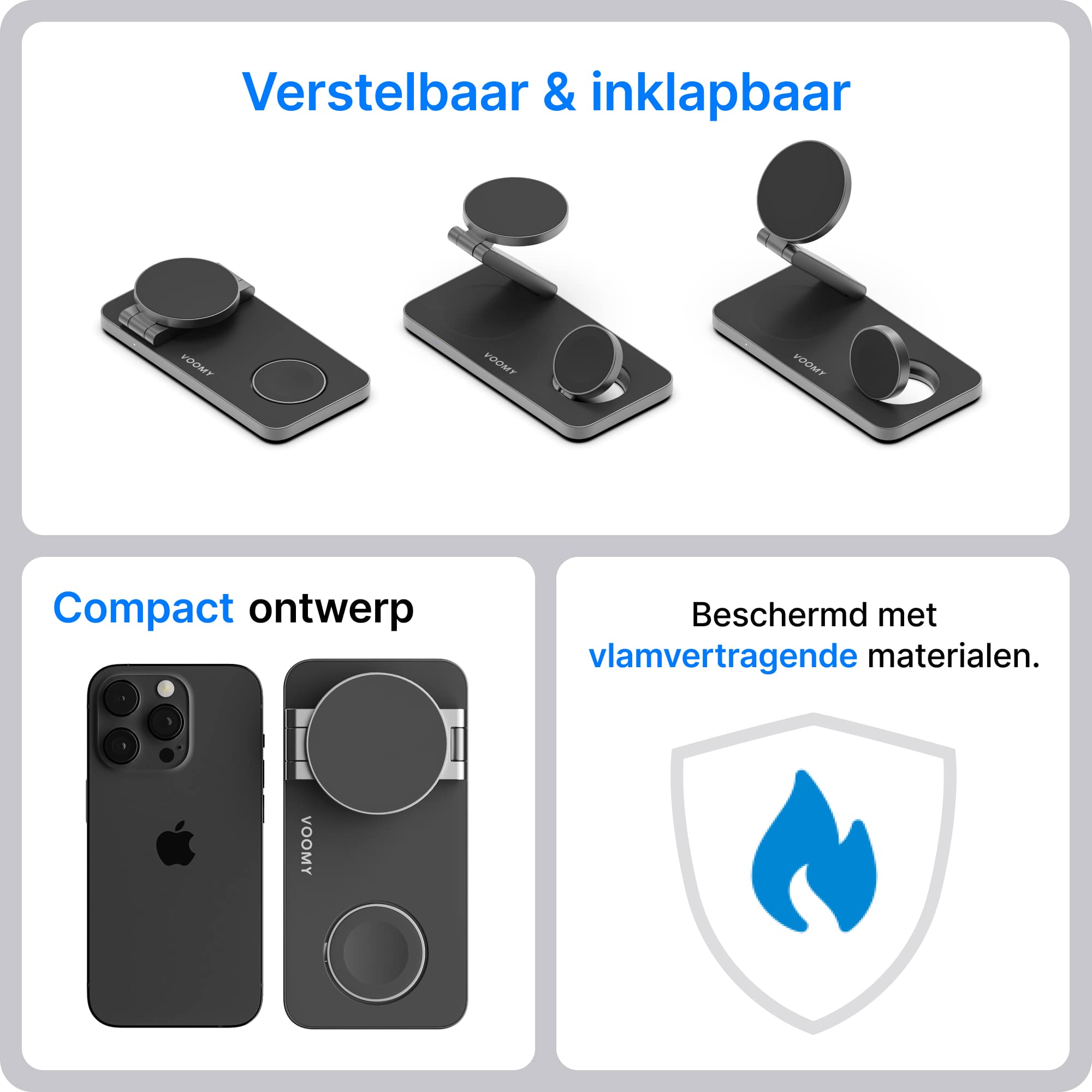Voomy Wireless W3 – 3-in-1 Draadloze Oplader met 15W Snelladen - Premium Aluminium Design - Zwart