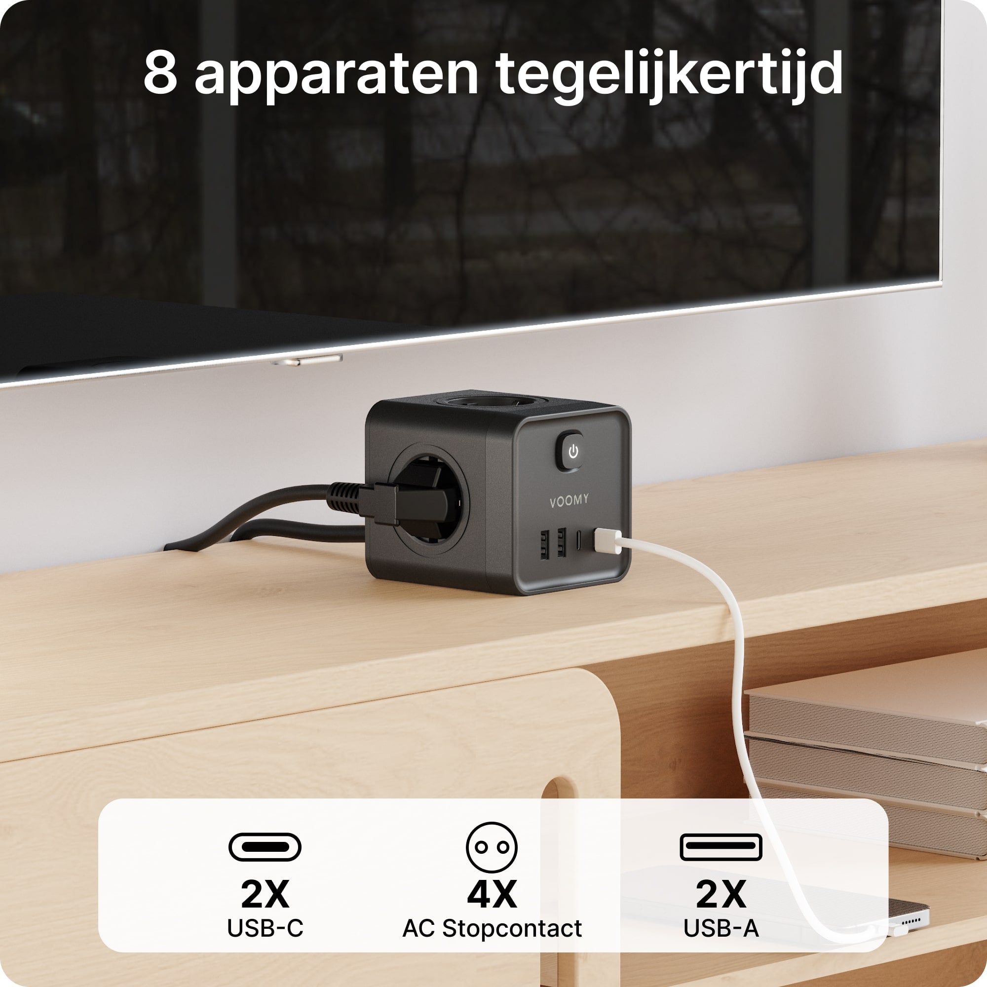 Voomy Power Cube S7 - Stekkerdoos met 4 stopcontact, 2 USB-C (20W) & 2 USB-A - 2 Meter - Home stekkerdoos - Zwart