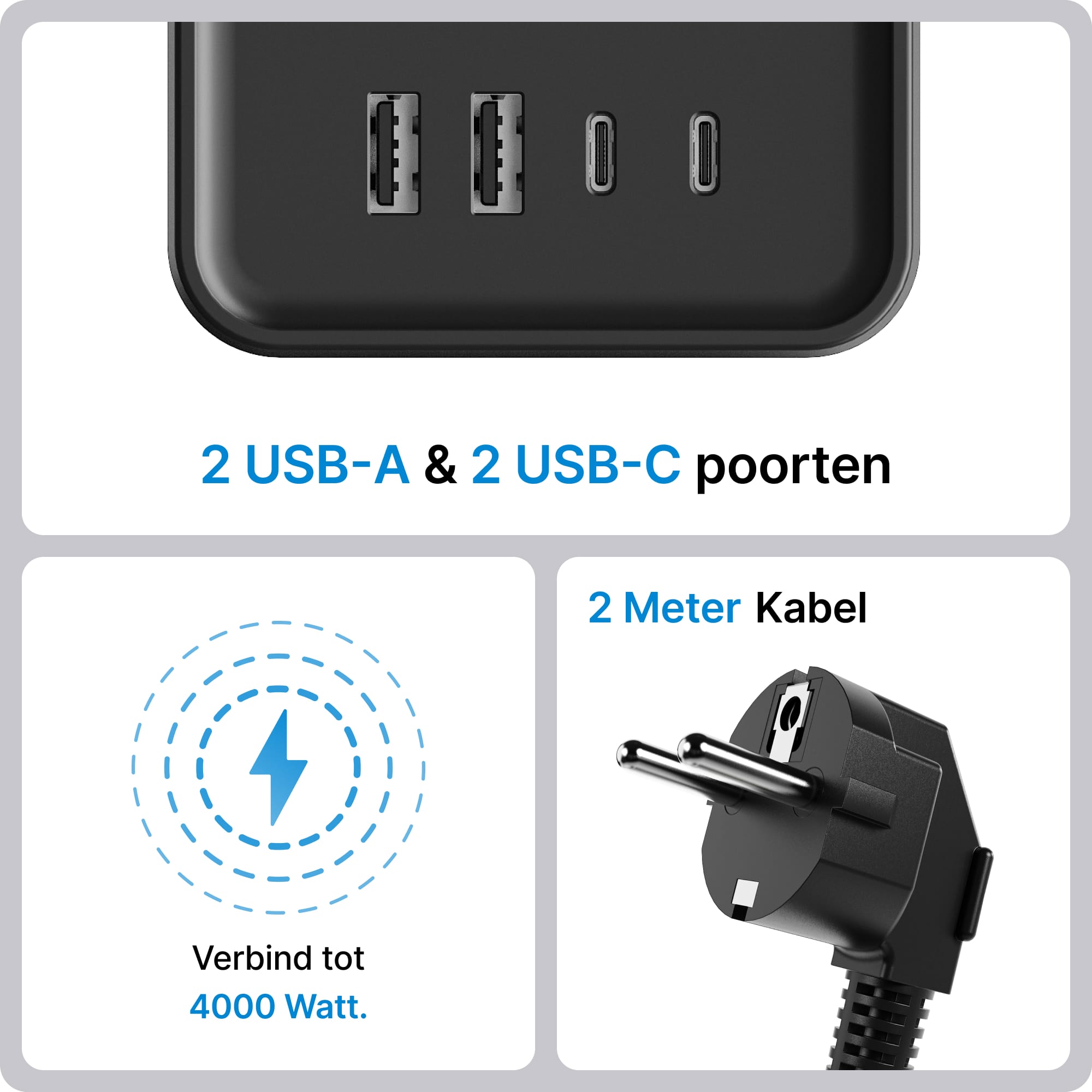 Voomy Power Cube S7 - Stekkerdoos met 4 stopcontact, 2 USB-C (20W) & 2 USB-A - 2 Meter - Home stekkerdoos - Zwart