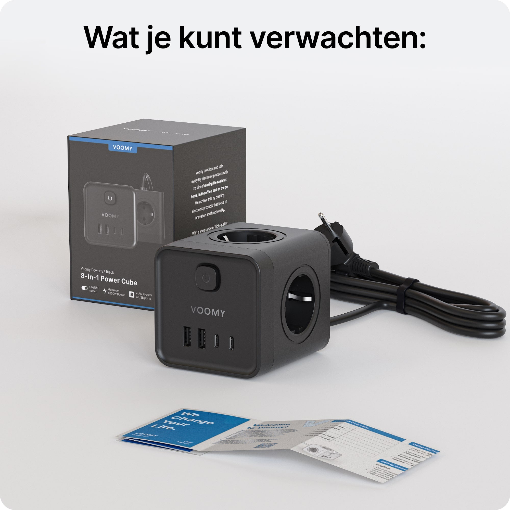 Voomy Power Cube S7 - Stekkerdoos met 4 stopcontact, 2 USB-C (20W) & 2 USB-A - 2 Meter - Home stekkerdoos - Zwart