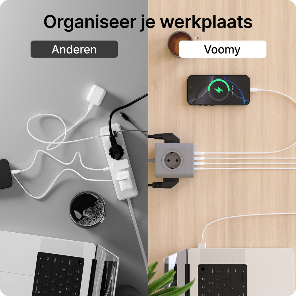 Voomy Power S7 – Dé stekkerdoos voor thuis - 8-in-1 met USB - Grijs - Voomy