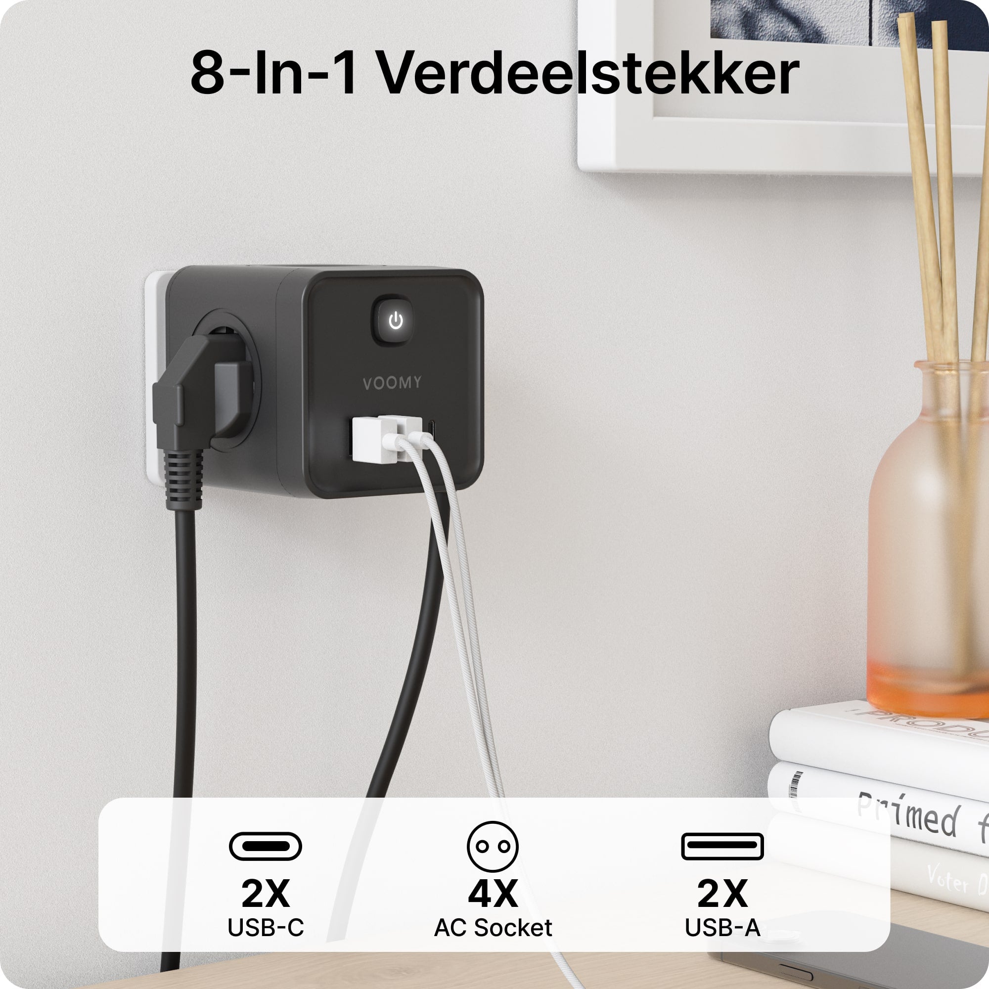 Voomy Split X7 - 8-in-1 Home Verdeelstekker - 4 stopcontacten, 2 USB-C (20W) & 2 USB-A - Zwart