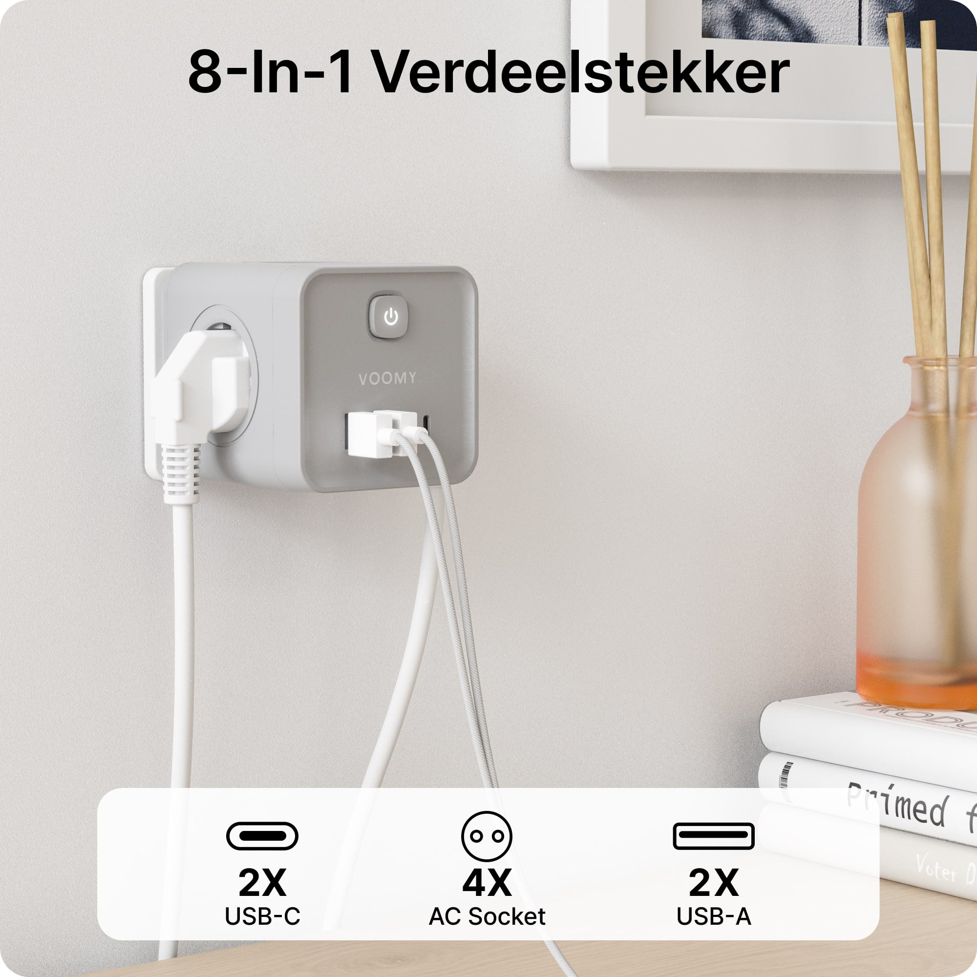 Voomy Split X7 - 8-in-1 Home Verdeelstekker - 4 stopcontacten, 2 USB-C (20W) & 2 USB-A - Grijs