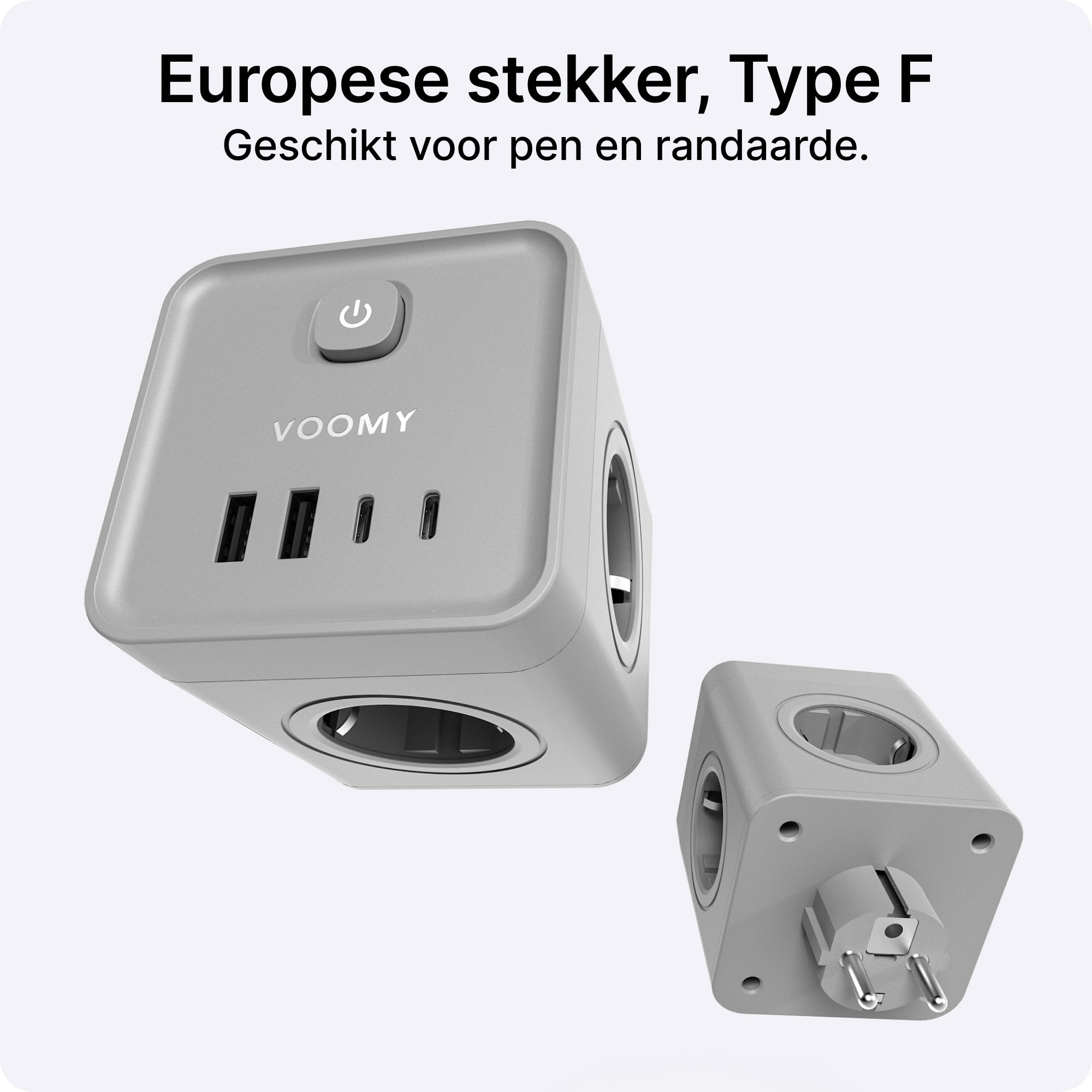 Voomy Split X7 - 8-in-1 Home Verdeelstekker - 4 stopcontacten, 2 USB-C (20W) & 2 USB-A - Grijs